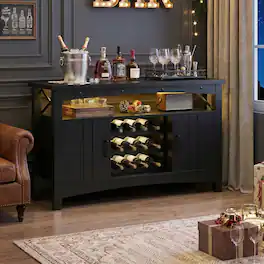 Aheaplus - Wine Cabinet with Charging Station and LED Lights, Liquor Cabinet with Movable Wooden Wine Rack - Black