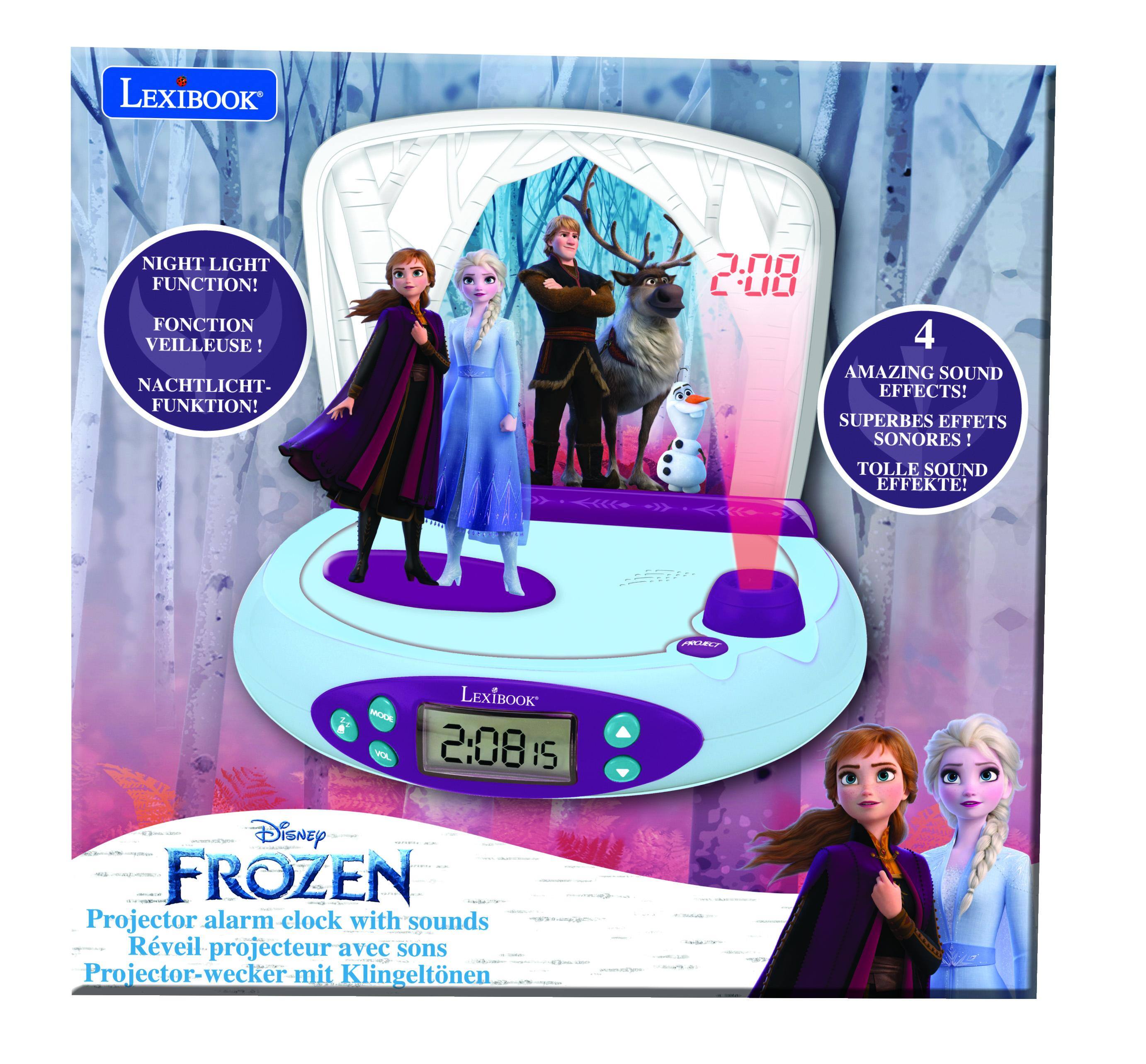 LEXIBOOK NIGHT LIGHT FUNCTION! FONCTION VEILLEUSE! NACHTLICHT-FUNKTION!  
2:08  
4 AMAZING SOUND EFFECTS! SUPERBES EFFETS SONORES! TOLLE SOUND-EFFEKT!  

1 L  
LEXIBOOK  
2:08  
15 Disney FROZEN Projector alarm clock with sounds  
Rveil projecteur avec sons  
Projector-wecker-mit Klingeltonen