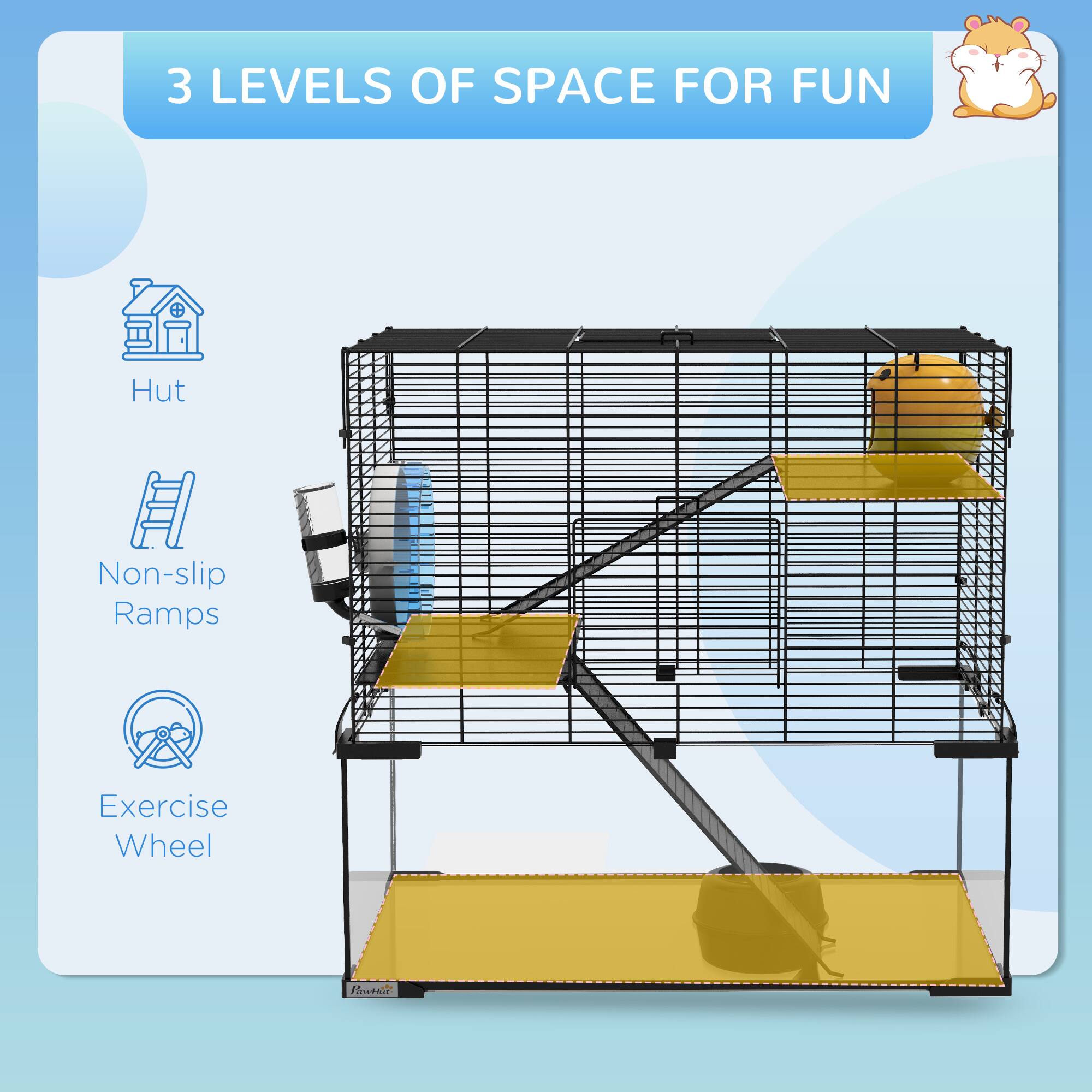 3 LEVELS OF SPACE FOR FUN

- Hut
- Non-slip Ramps
- Exercise Wheel
