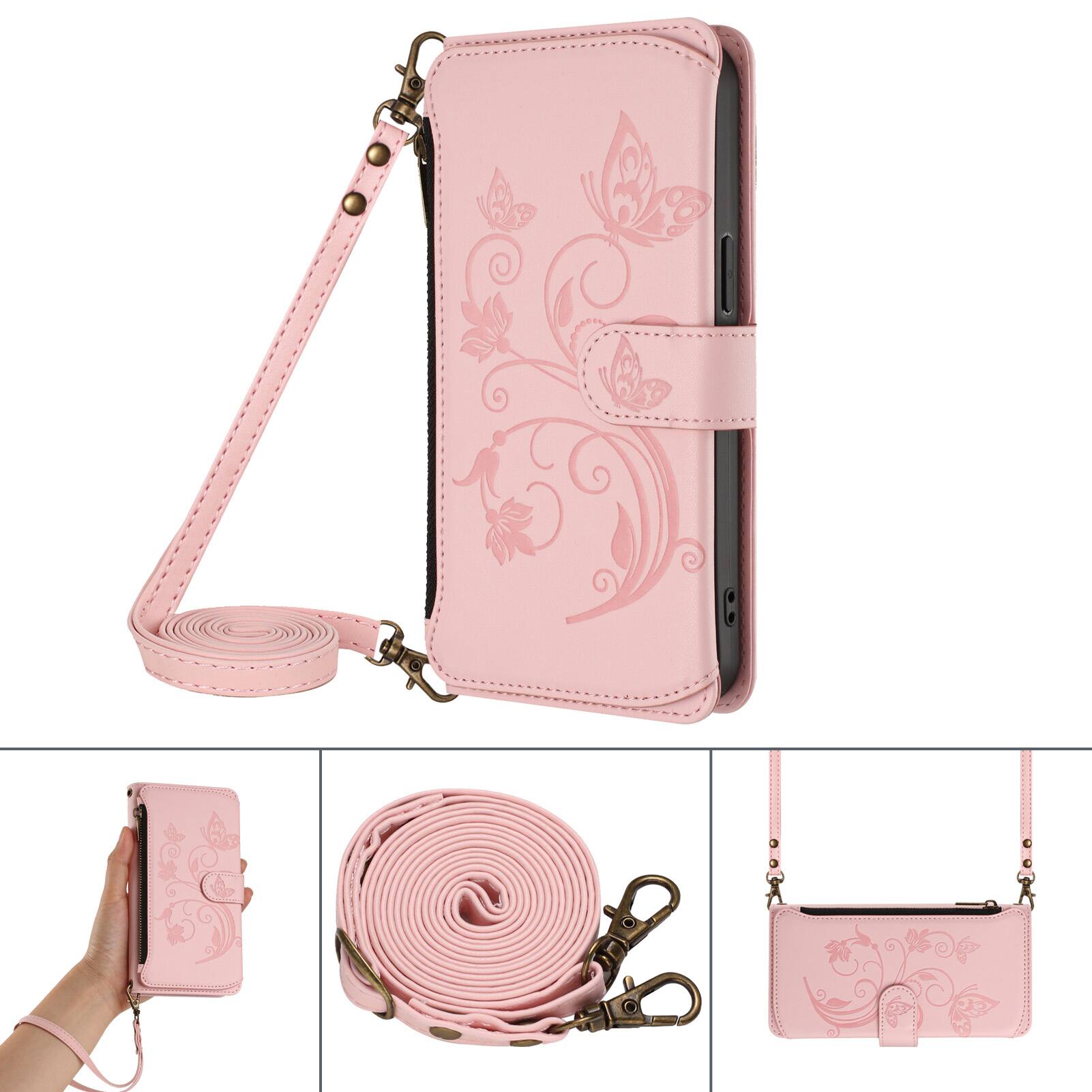 Alt View 4. Dteck - Crossbody Wallet Case for Samsung Galaxy A17 5G,Embossed Butterfly Flower Folio Cover with Zipper Pocket+Strap - Pink.