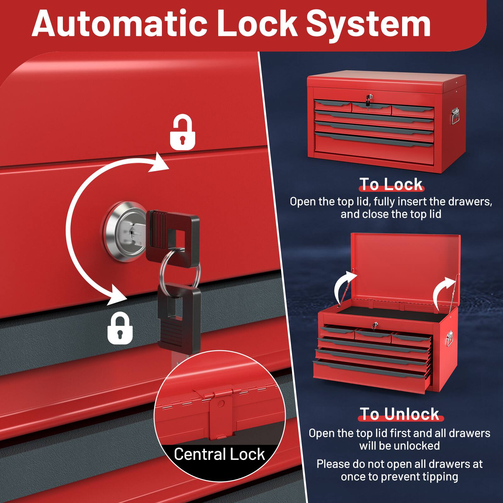 Automatic Lock System

To Lock  
Open the top lid, fully insert the drawers, and close the top lid

To Unlock  
Open the top lid first and all drawers will be unlocked  
Please do not open all drawers at once to prevent tipping