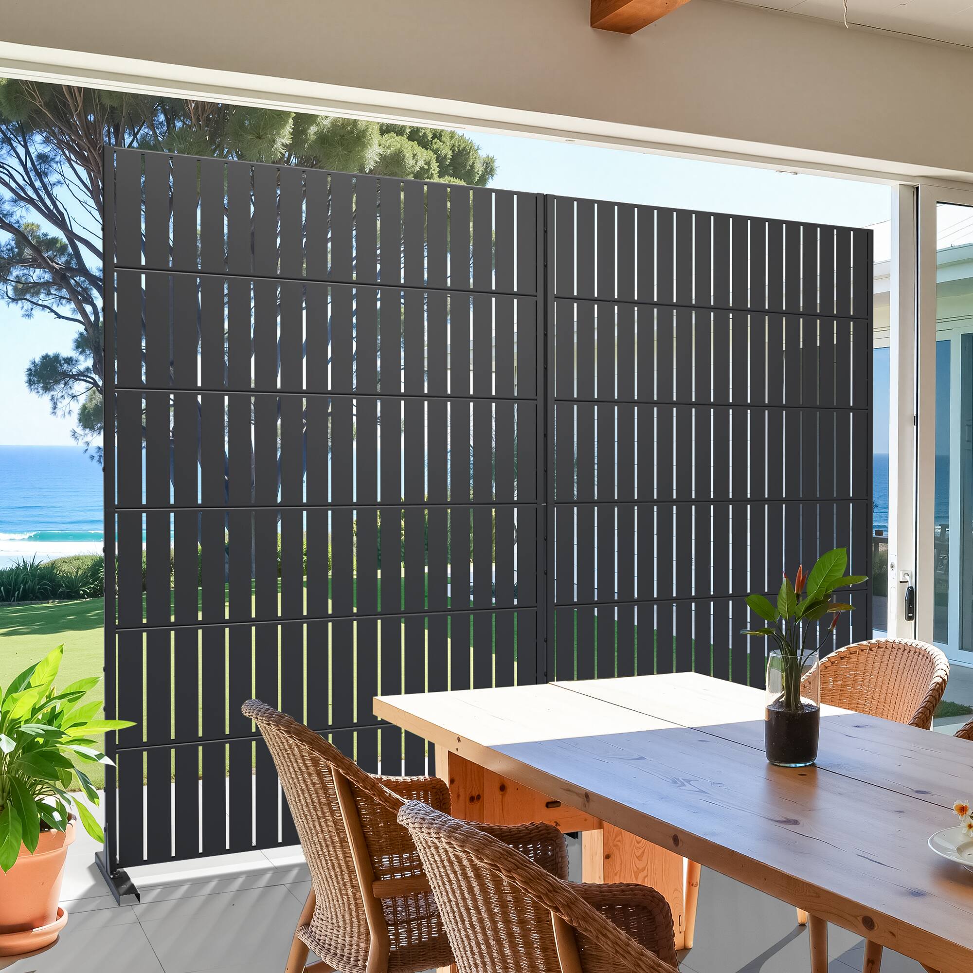 Alt View 3. PexFix - 72 in. x 47 in. Slat Pattern Metal Outdoor Privacy Screen & Panels, Freestanding Garden Divider Fence - Black.