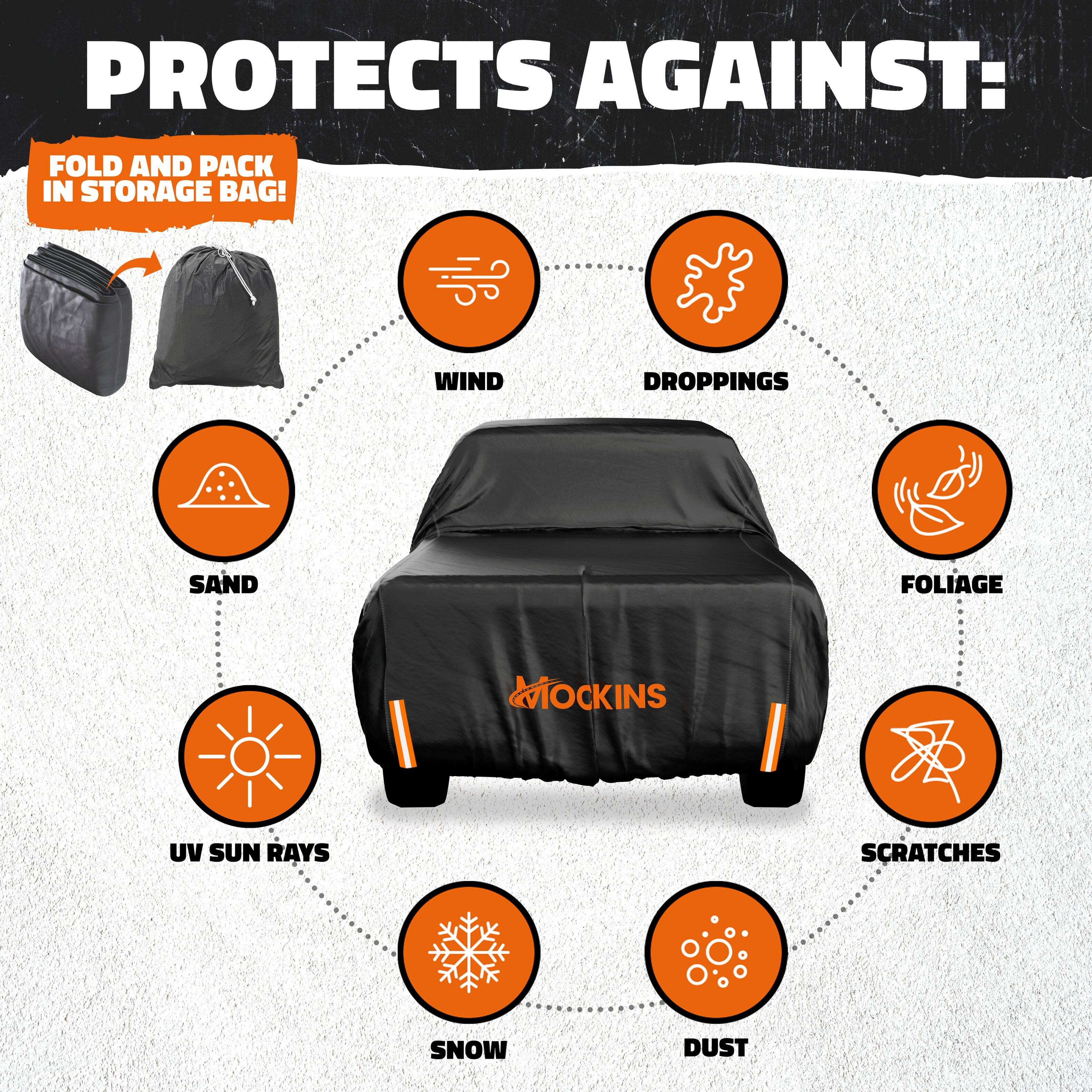 PROTECTS AGAINST:

FOLD AND PACK IN STORAGE BAG!

- WIND
- DROPPINGS
- SAND
- UV SUN RAYS
- SNOW
- FOLIAGE
- SCRATCHES
- DUST