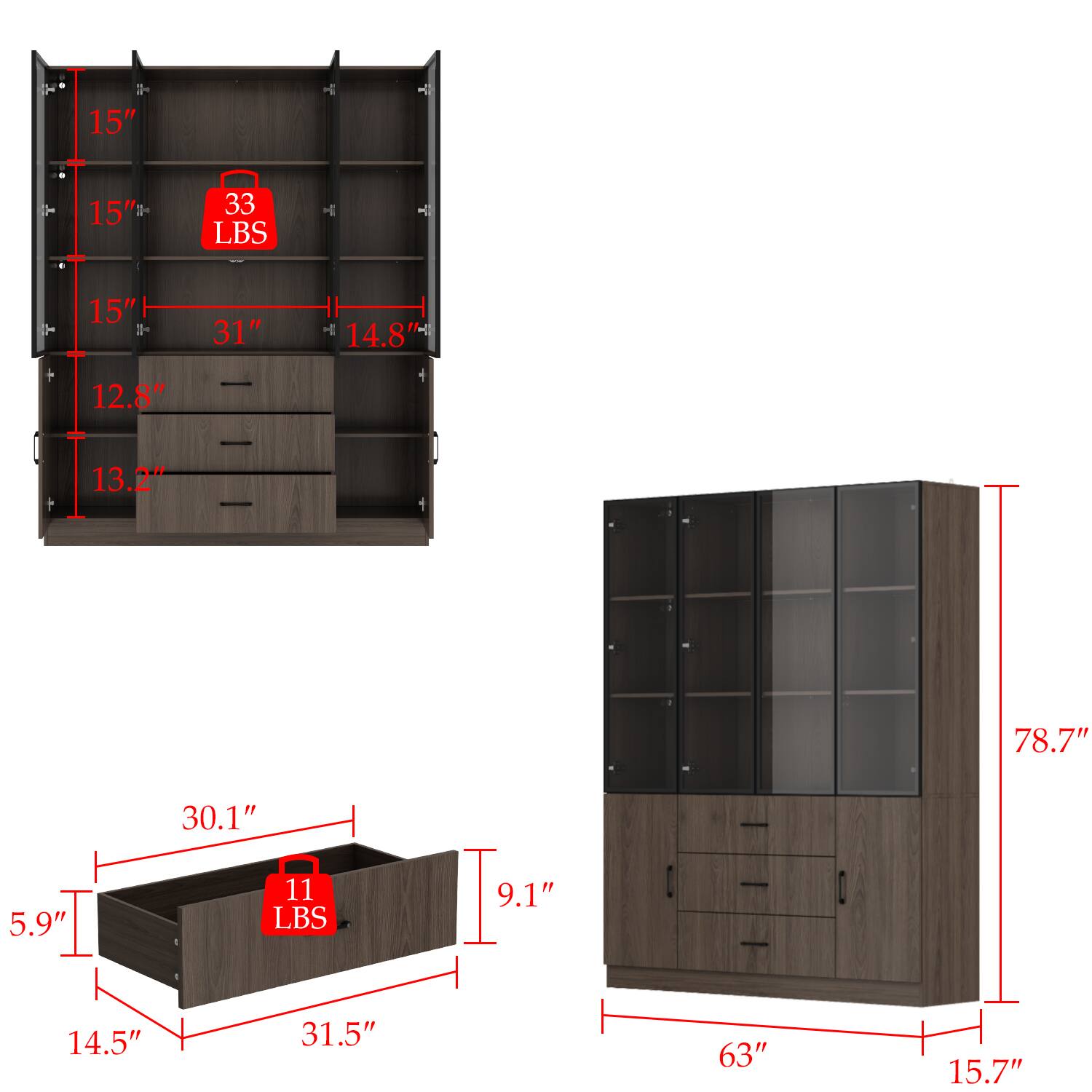 15" 15" 33 LBS 15" 31" 14.8 12.8" 13.2" 78.7" 30.1" 5.9" 11 LBS 9.1" 14.5" 31.5" 63" 15.7"