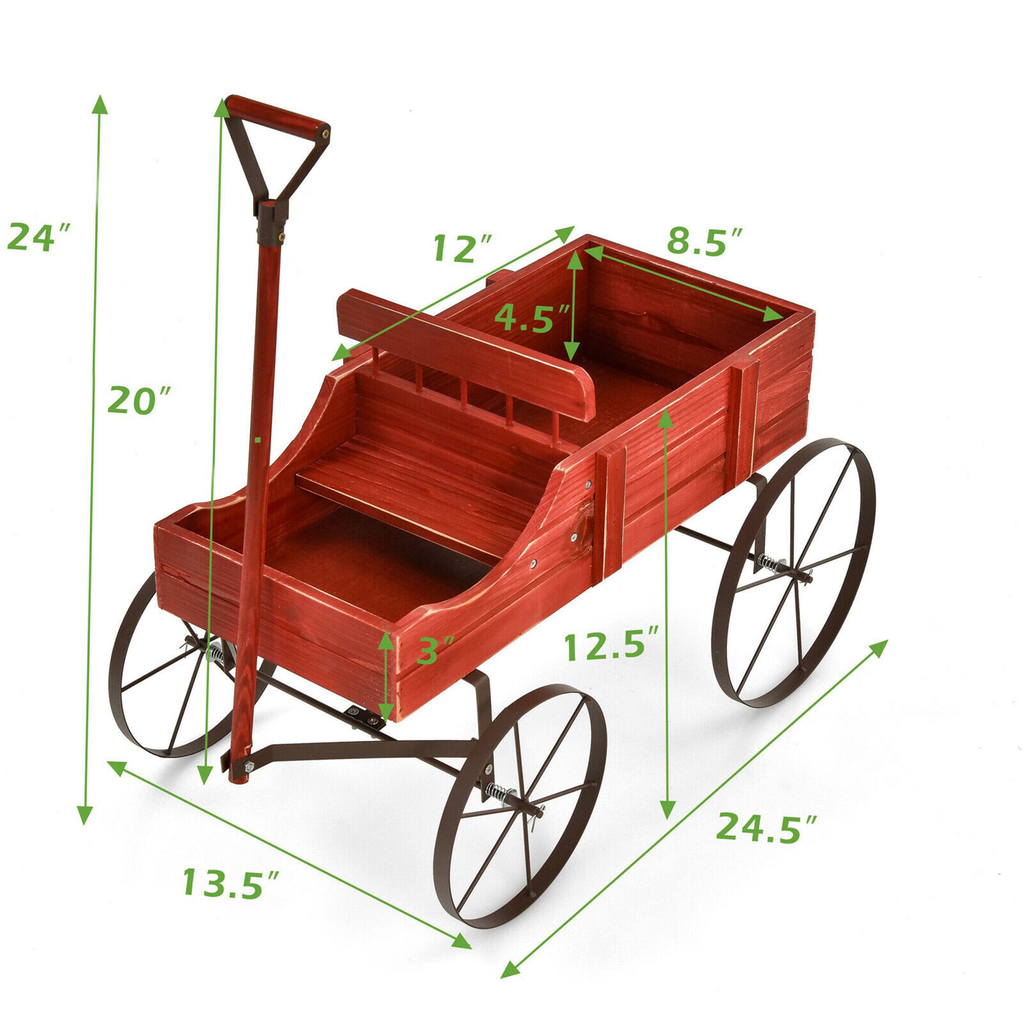 The text on the image indicates the dimensions of the wooden toy cart. The measurements are as follows: 24 inches for the length, 12 inches for the width, 8.5 inches for the height, and 4.5 inches for the wheelbase. The cart is designed to be a small, functional toy for children.