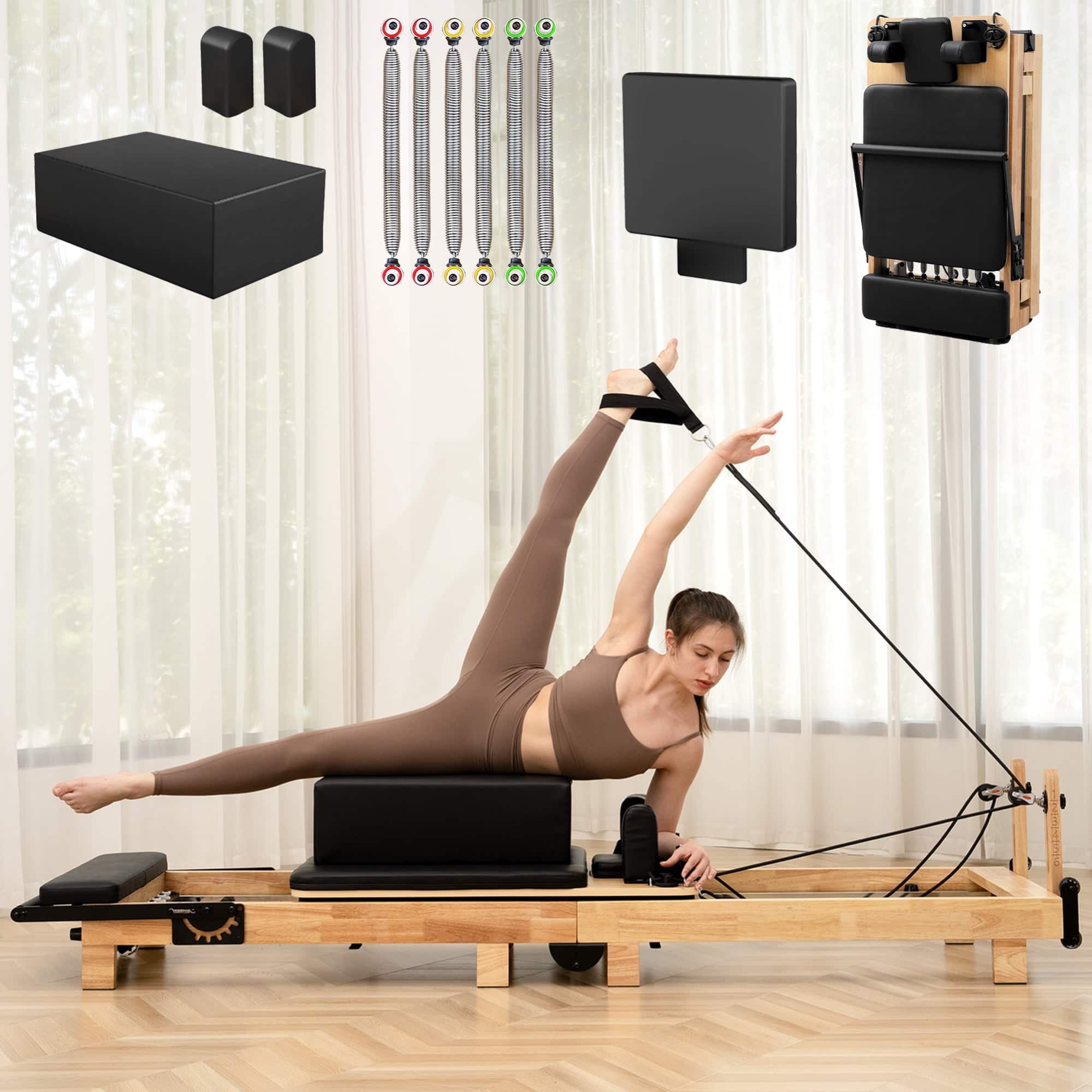 Front. Syedee - Syedee Pilates Reformer Machine, Wood Pilates Machine Bed Yoga Exercise Strength Training Equipment for Home Workout - Brown.