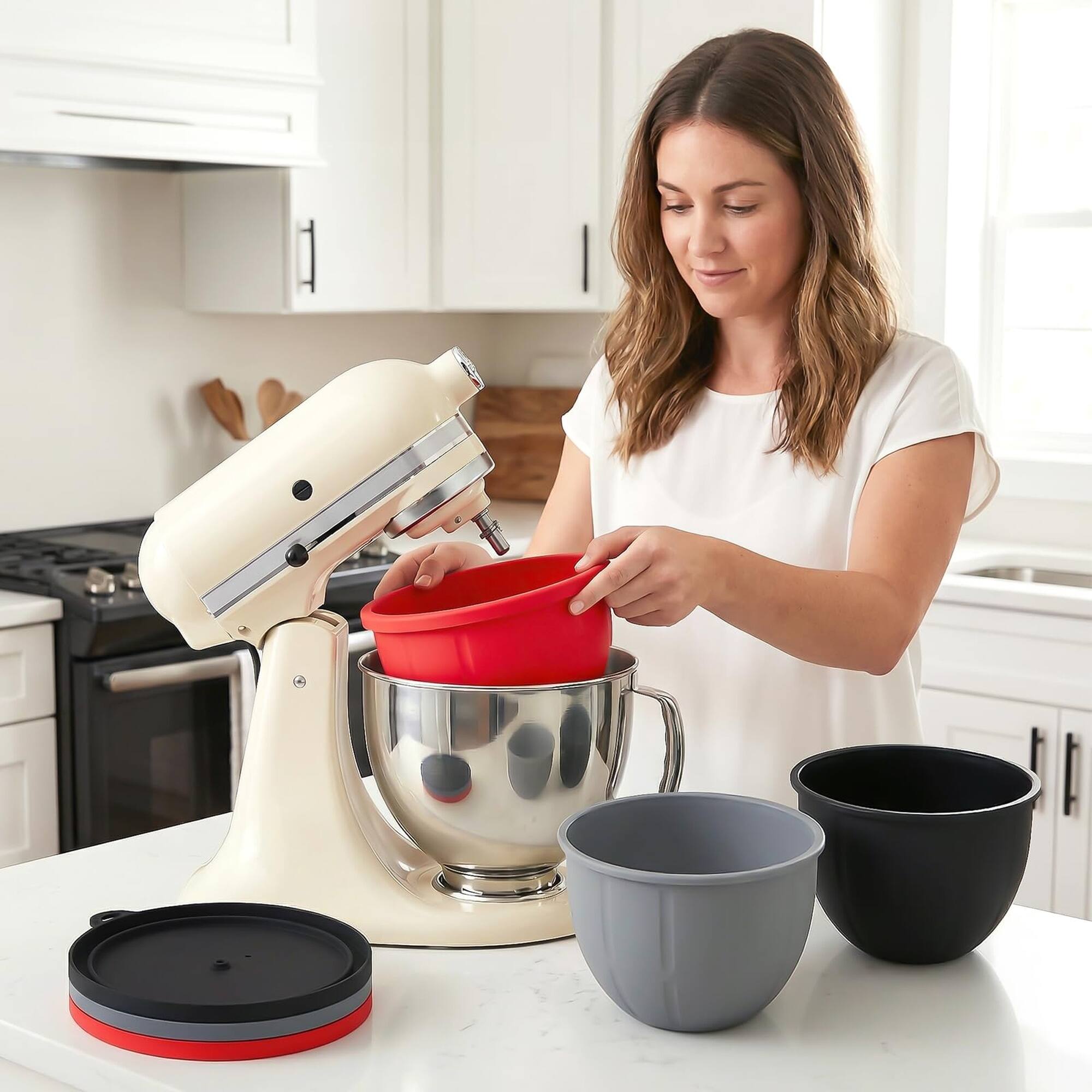 Alt View 1. Gvode - GVODE Silicone Mixing Bowl Liners with Lids for 5 Qt KitchenAid Tilt-Head Stand Mixers, Set of 3 - Red/black/grey.