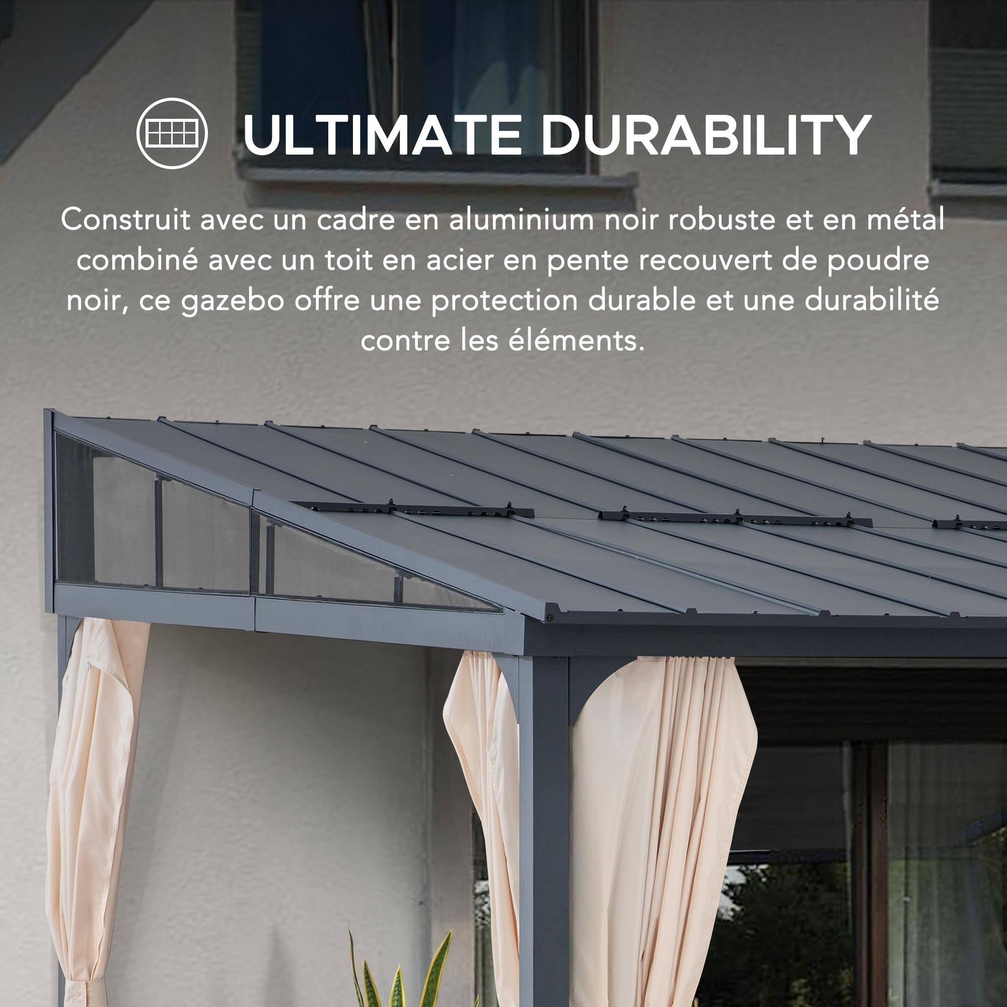ULTIMATE DURABILITY

Construit avec un cadre en aluminium noir robuste et en métal combiné avec un toit en acier en pente recouvert de poudre noir, ce gazebo offre une protection durable et une durabilité contre les éléments.