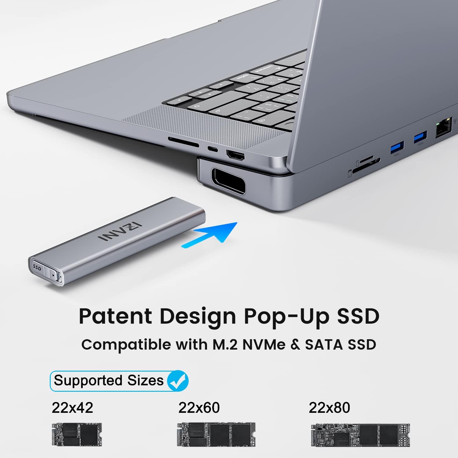 9 INVZI S5D Patent Design Pop-Up SSD Compatible with M.2 NVMe & SATA SSD Supported Sizes 22x42 22x60 22x80