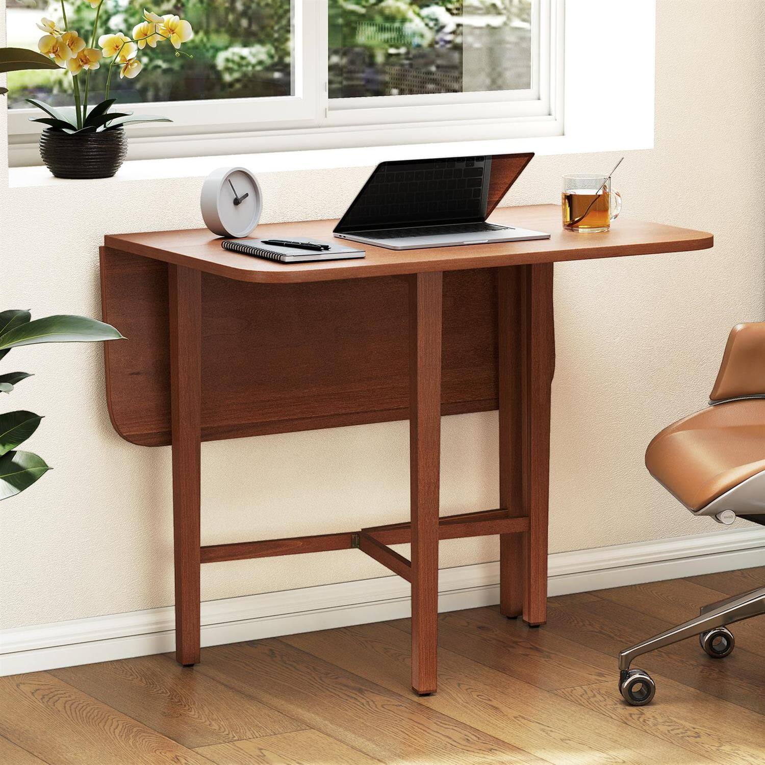 Alt View 3. Pefilos - Foldable Dining Table,2 Drop-Leaf Panels Rubber Wood Legs,X-Base,Walnut - Brown.