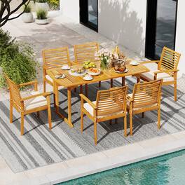 Gymax - 7-Piece Patio Dining Set Outdoor Acacia Wood Table & 6 Armchairs w/Umbrella Hole - Yellow