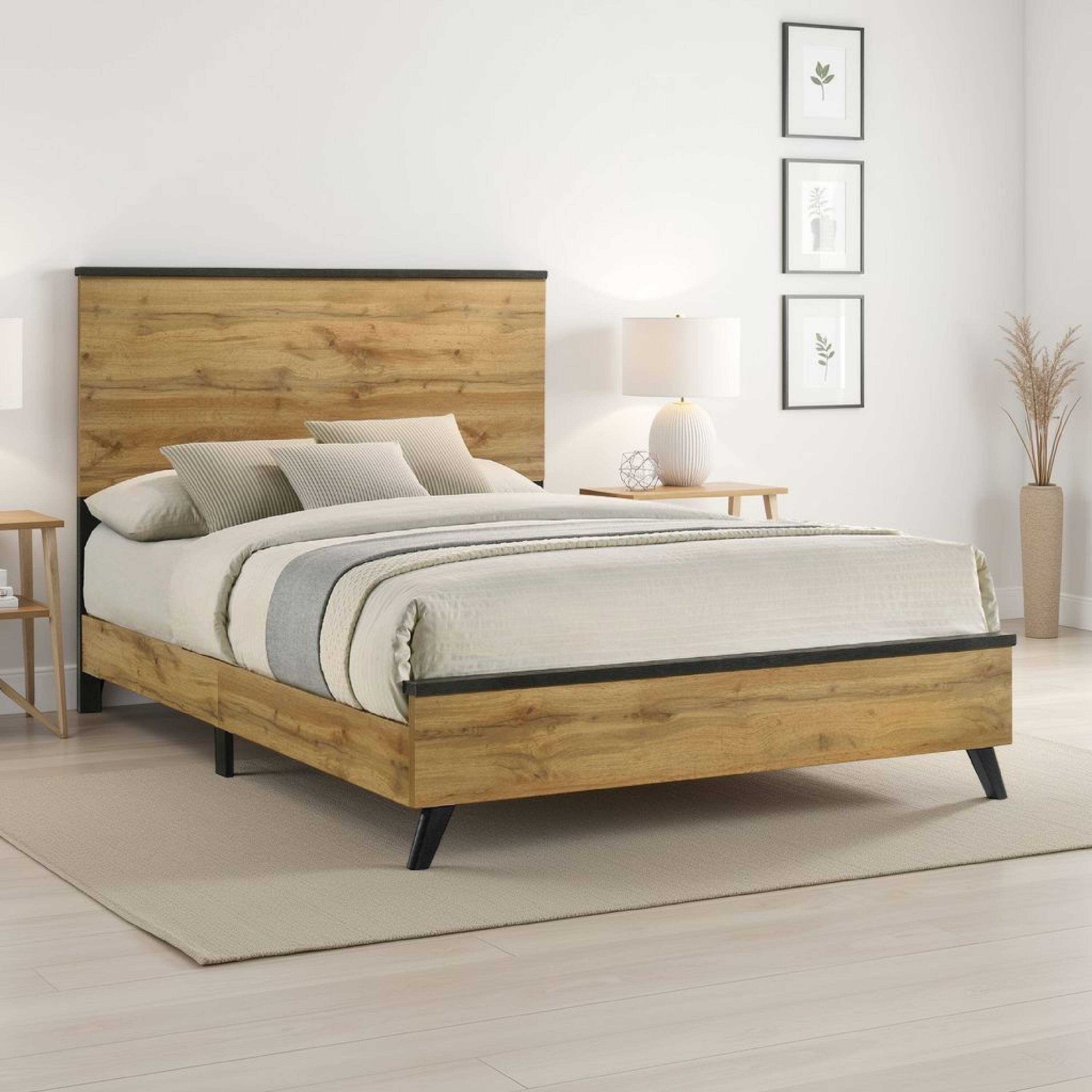 Alt View 5. Manhattan Lane - Wemy Full Size Bed, Tall Panel Headboard, Natural Brown Pine Finish - Brown, Black.