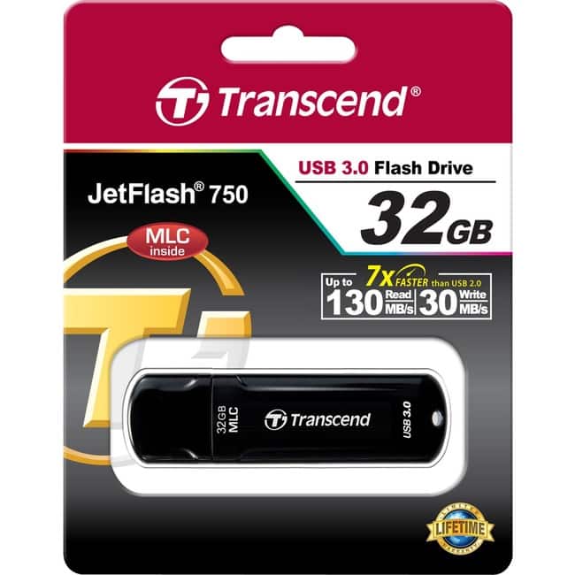 Transcend - 32GB JetFlash 750 USB 3.0 Flash Drive - 32 GB - USB 3.0 - Lifetime Warranty - Black
