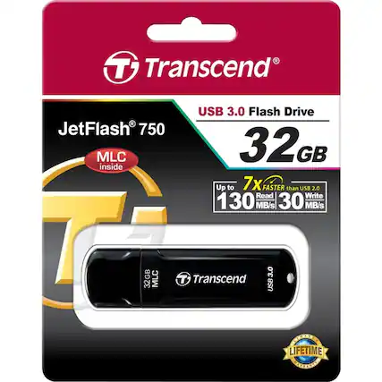 Transcend USB 3.0 Flash Drive JetFlash 750 MLC 32GB
Up to 7x FASTER than USB 2.0
Read 130 MB/s
Write 30 MB/s
Transcend USB 3.0
LIFETIME