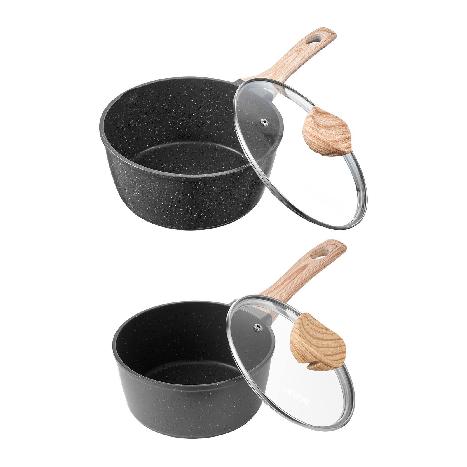 Front. VEVOR - Saucepan Set, 1.5 QT & 2.5 QT Nonstick Saucepan with Glass Lids, Multipurpose Cooking Sauce Pots with Detachable Handles - Black.