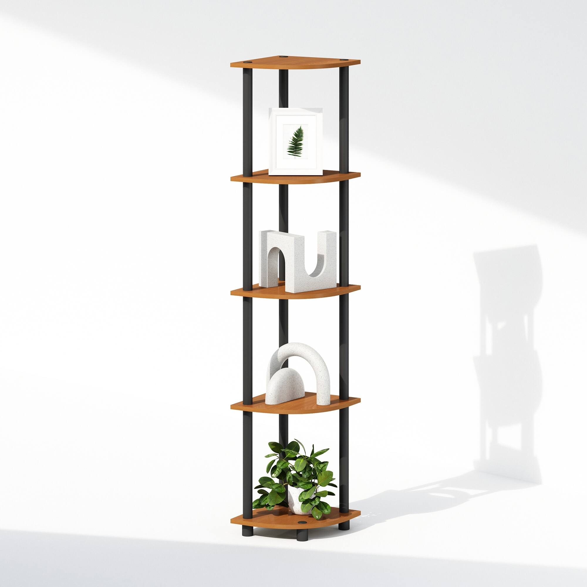 Alt View 3. Furinno - TURN-N-TUBE Shelving Unit, Corner Shelf, 5-Tier Corner Display Rack, Shelving Unit - Light Cherry Oak/Black.