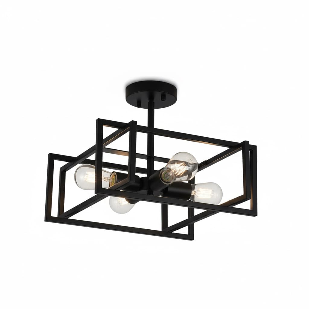 Front. FINEAK - 14.6" 4-Light Black Industrial Flush Mount Ceiling Light.
