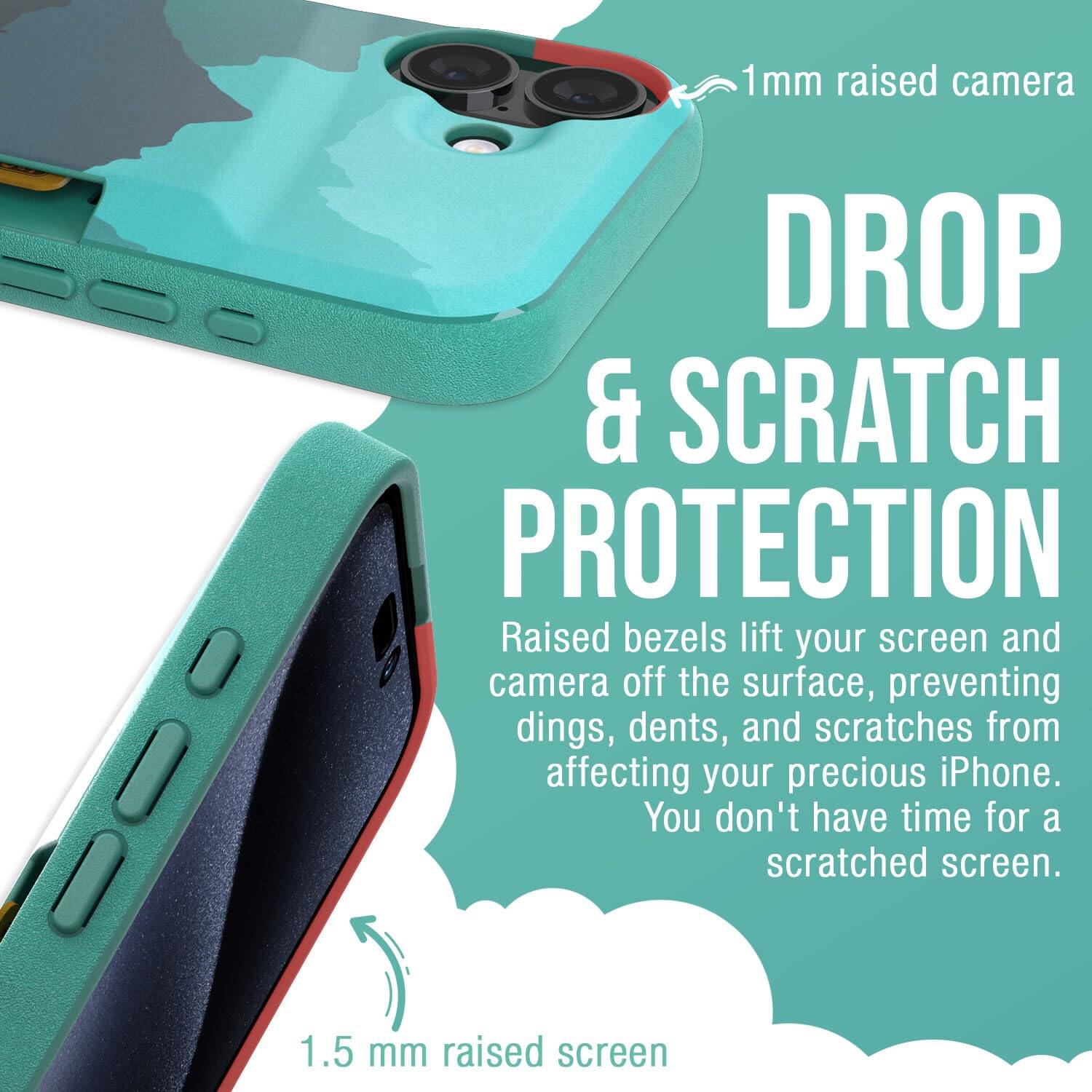 1mm raised camera  
DROP & SCRATCH PROTECTION  
Raised bezels lift your screen and camera off the surface, preventing dings, dents, and scratches from affecting your precious iPhone. You don't have time for a scratched screen.  
1.5 mm raised screen