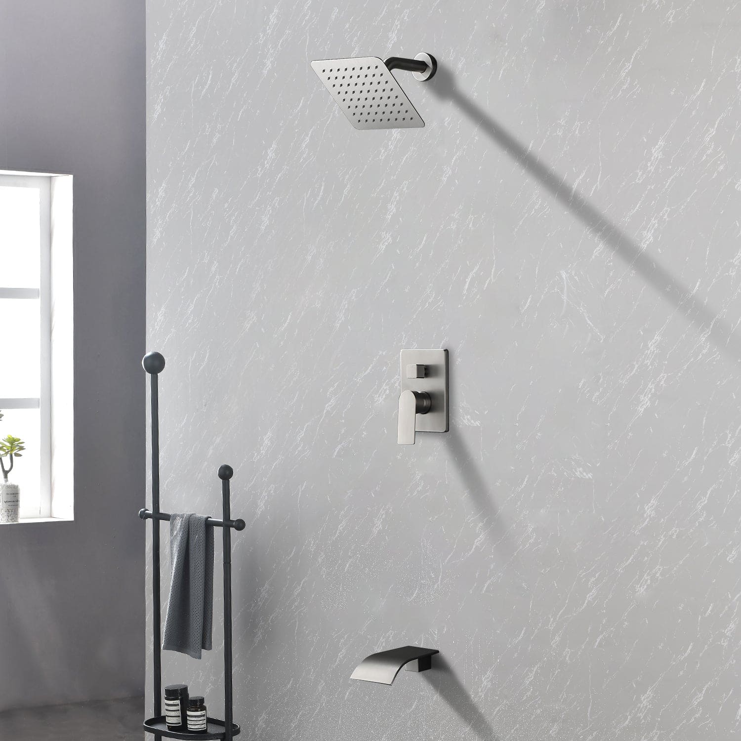 Boyel Living - Single Handle 1 Spray Tub and Shower Faucet with 8 Inch Square Fixed Shower Valve Included - Brushed Nickel