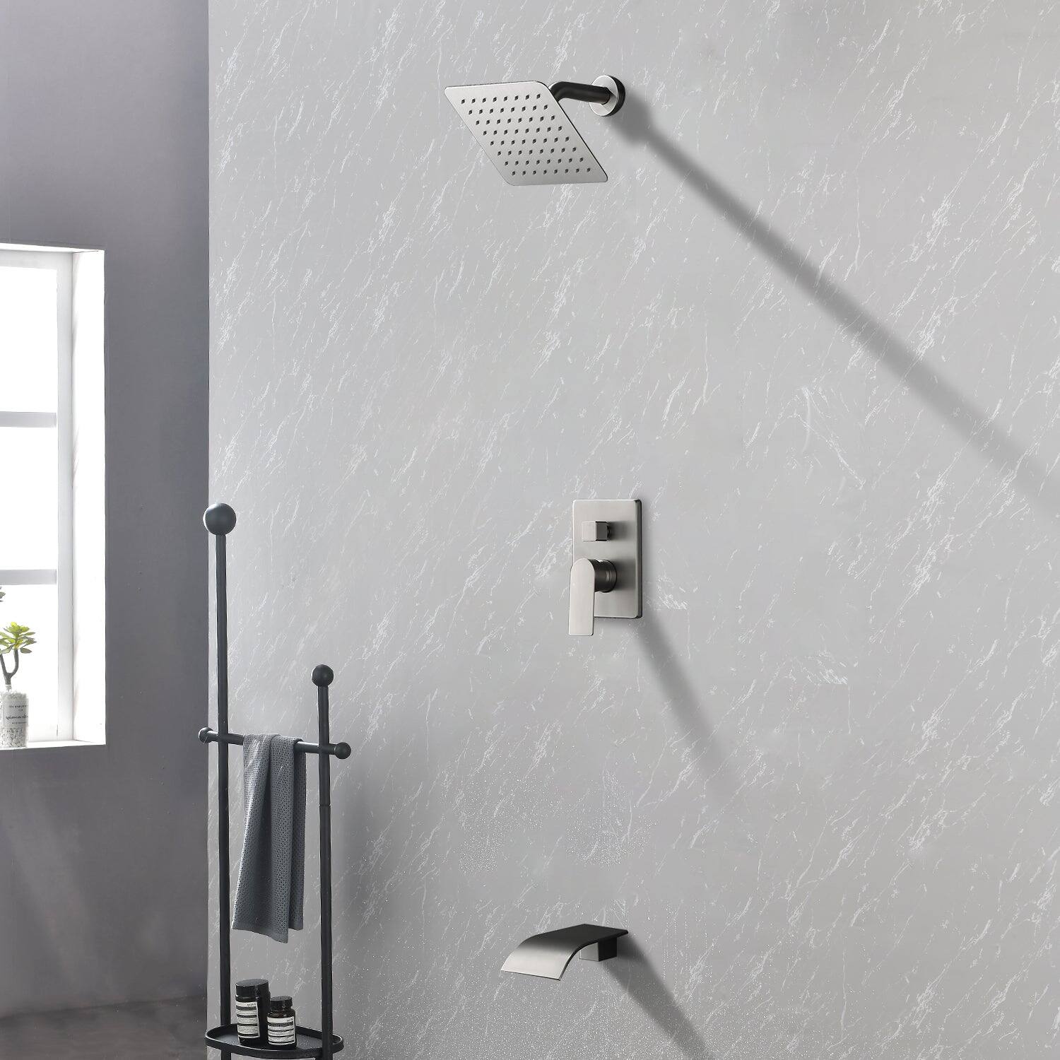 Front. Boyel Living - Single Handle 1 Spray Tub and Shower Faucet with 8 Inch Square Fixed Shower in Brushed Nickel Valve Included - Brushed Nickel.