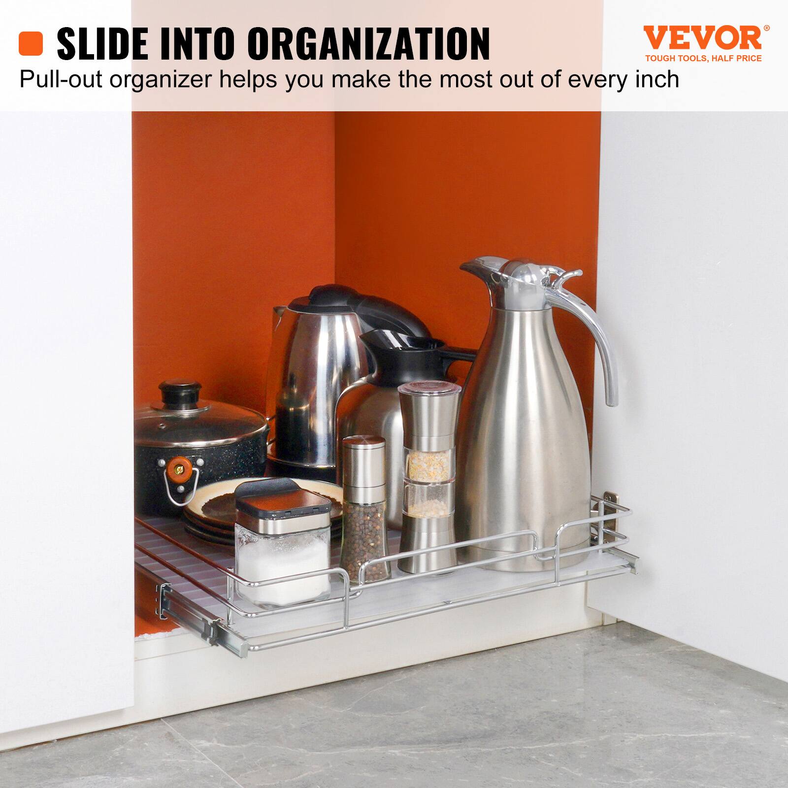 Slide into organization. Pull-out organizer helps you make the most out of every inch.