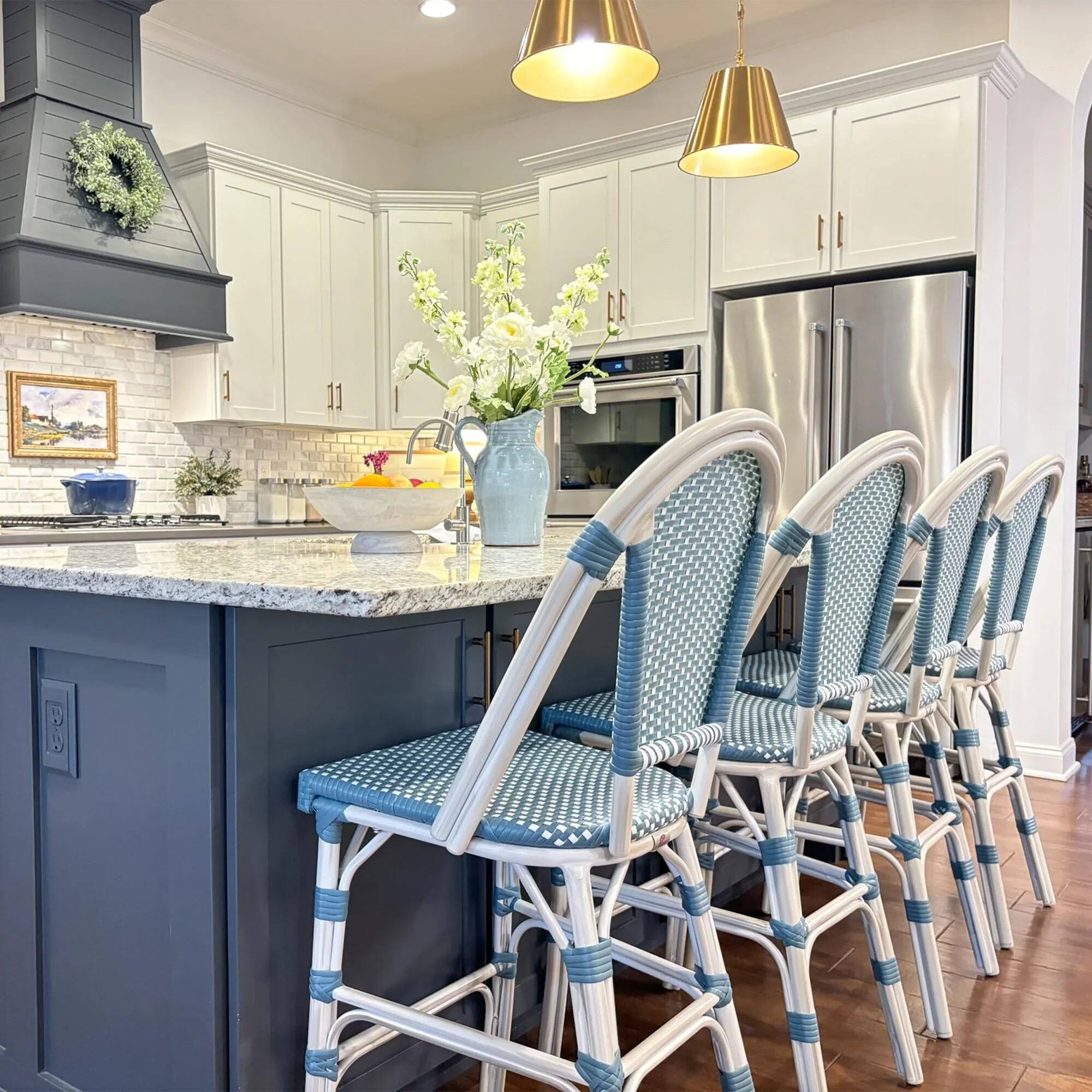 Alt View 1. PURPLE LEAF - French Bar Height Bar Stool Set of 2 Patio Bar Chairs with Back Rattan Bar Chairs French Bistro Set - White Frame/Light Blue-Bar Stool.