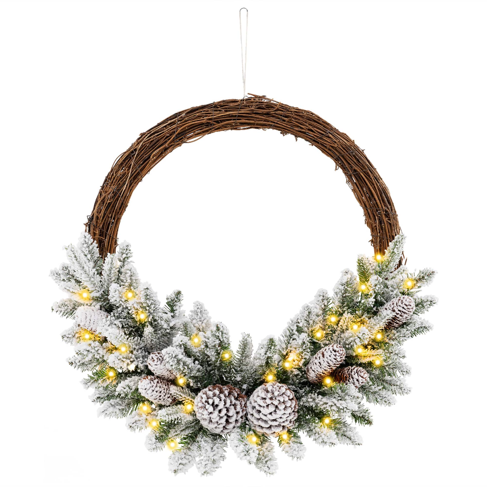 Gymax - 24'' Christmas Wreath w/65 Branch Tips 8 Natural Pine Cones 6 Lighting Modes - White, Green