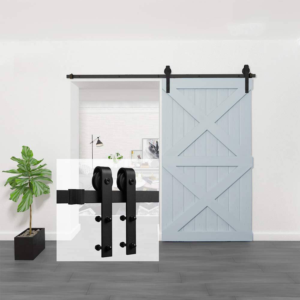 Alt View 3. Boyel Living - 8 ft./96 in. Black Steel Bent Strap Sliding Barn Door Track and Hardware Kit for Single Door with Floor Guide - Black.
