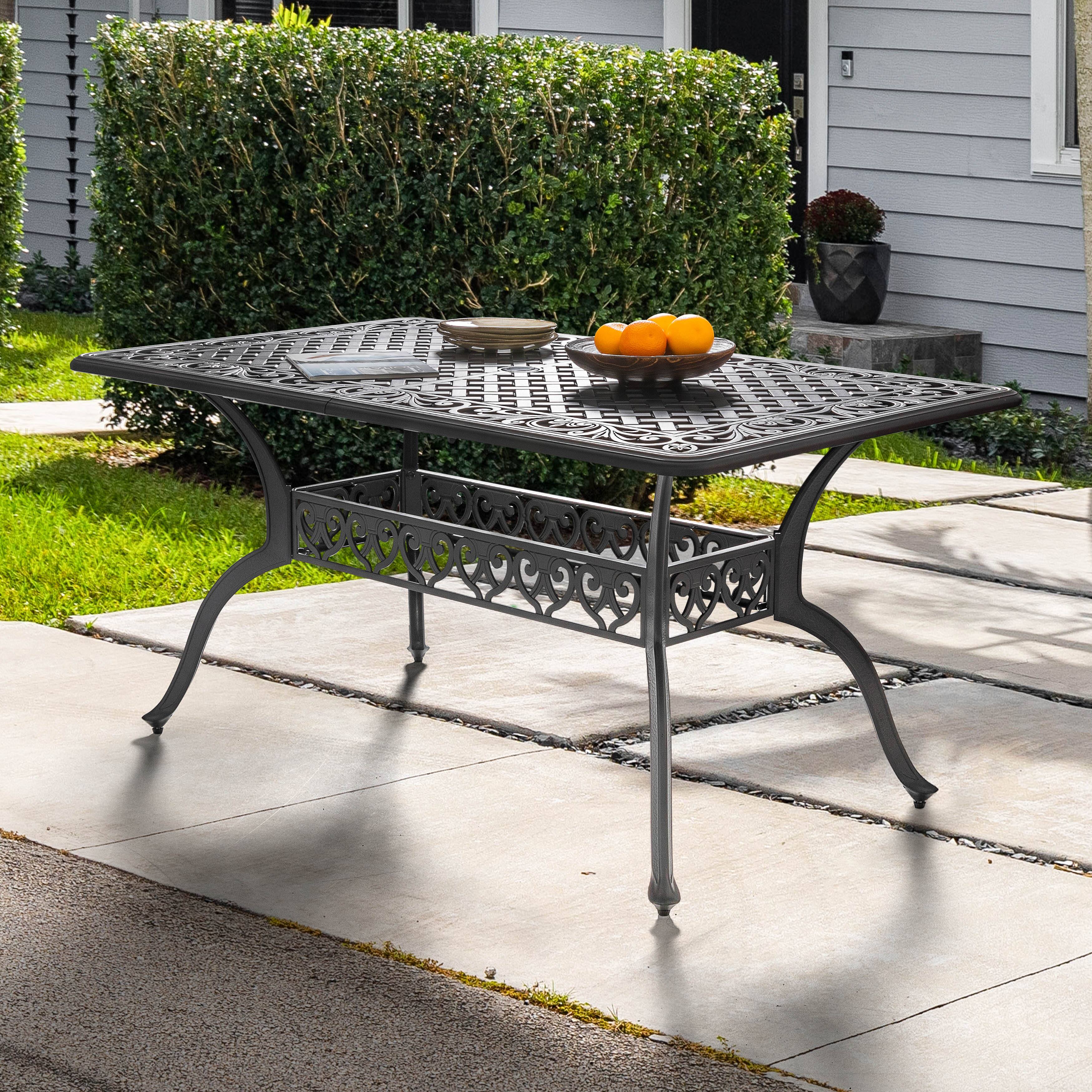 Angle. Nuu Garden - Outdoor Rectangle Cast Aluminum Dining Table with 2.1'' Umbrella Hole - Black.