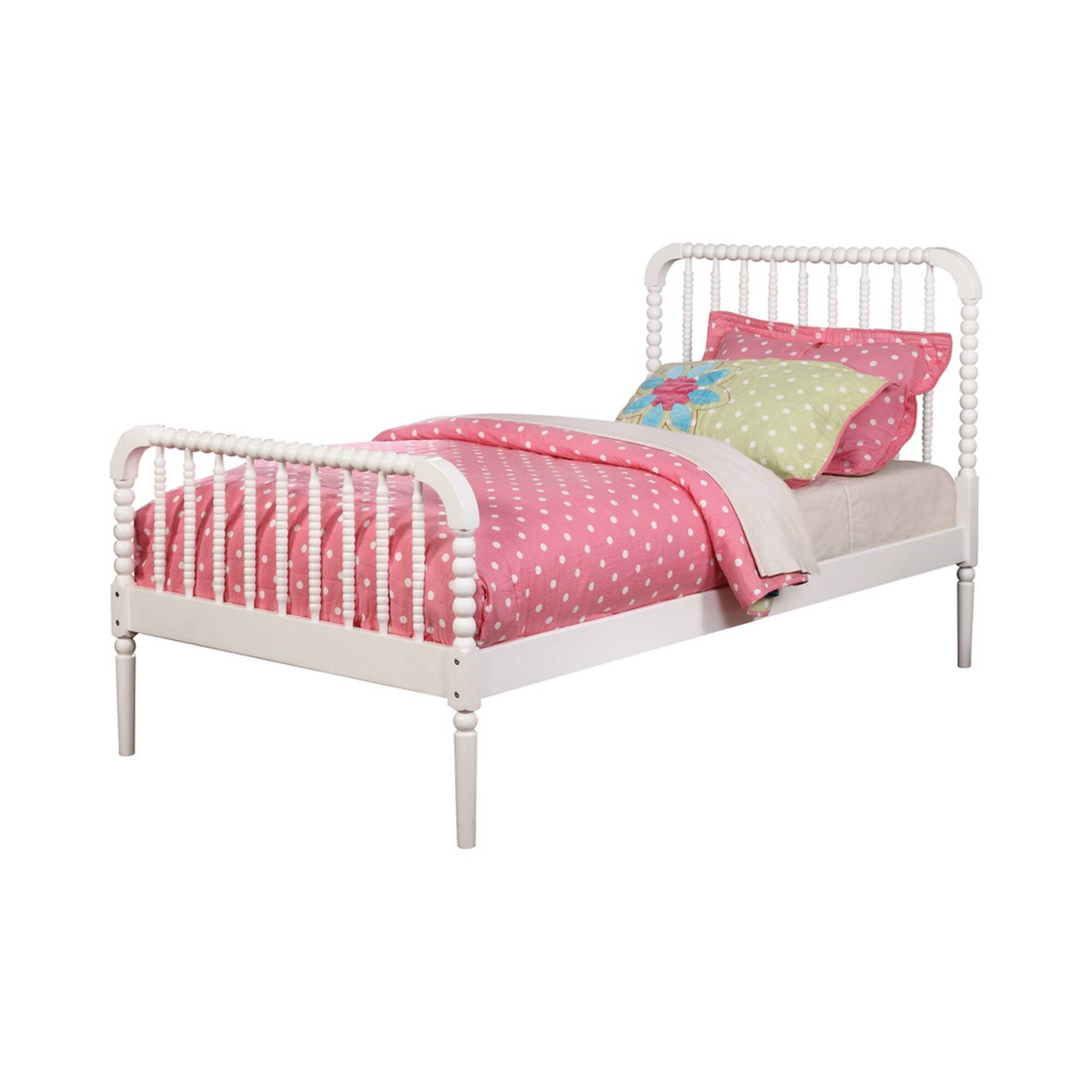 Alt View 1. Manhattan Lane - Wooden Twin Bed with Bobbin Style Slatted Headboard and Footboard - White.