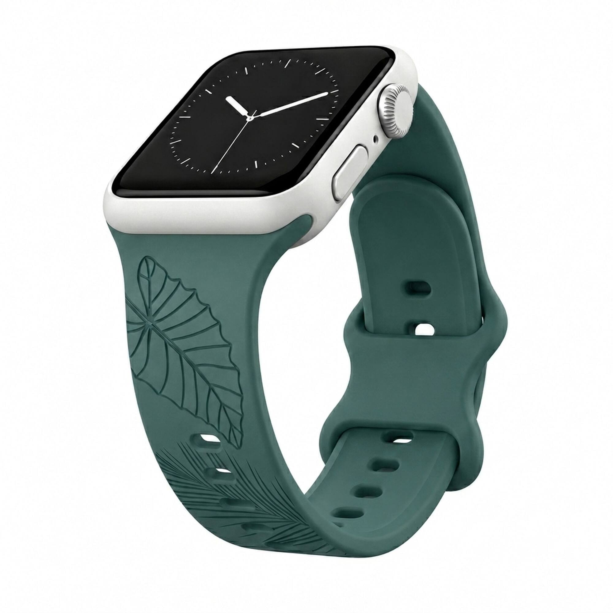 Front. ROXTRO - Dusty Jungle Tropical Engraved Silicone Watch Band Apple Watch Compatible LARGE WATCH 49/46/45/44mm (42mm Series 1-3) - Dusty Jungle Green.
