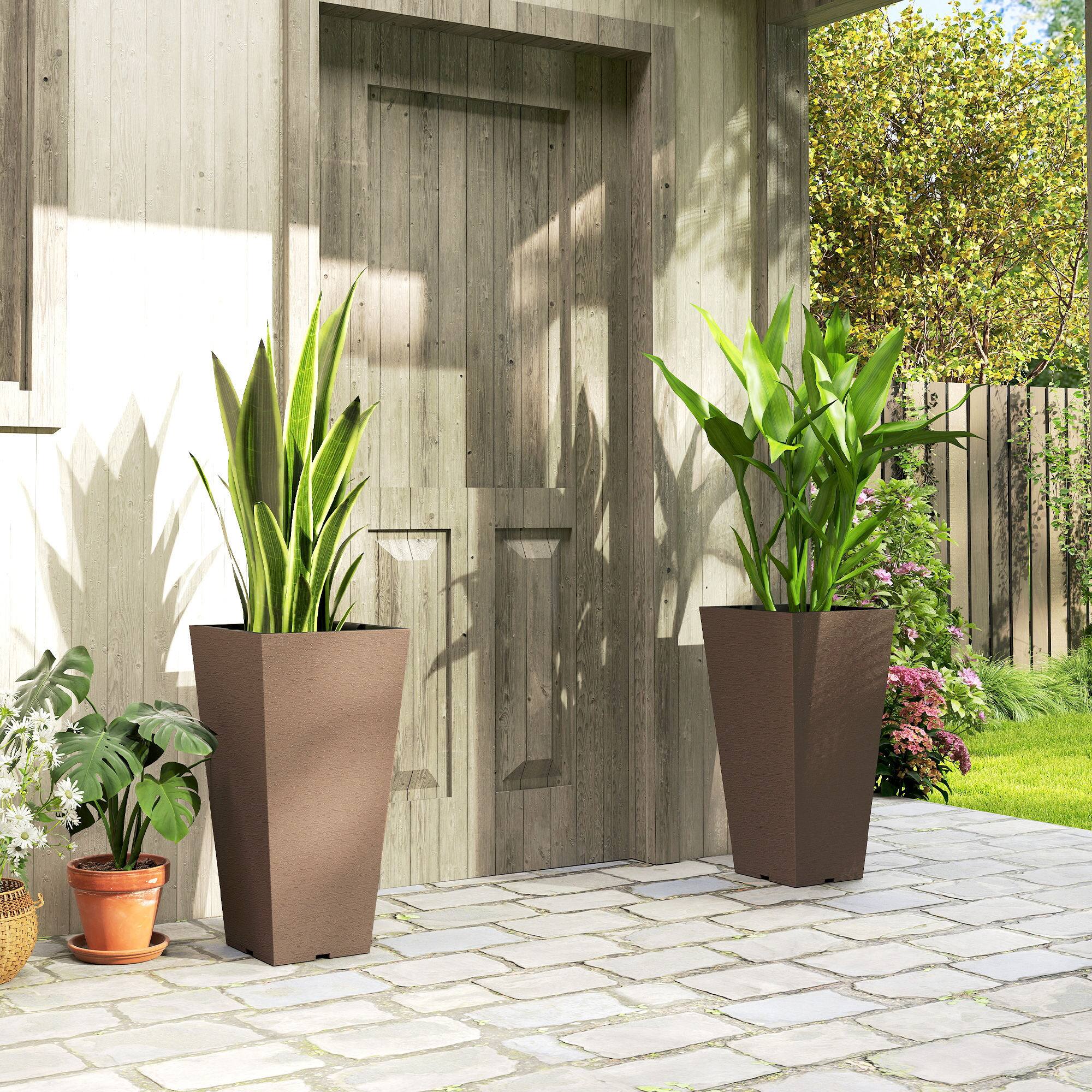 Alt View 1. Outsunny - Inch Tall Planters for Outdoor Plants, Set of 2 Plastic Flower Pots - Brown.