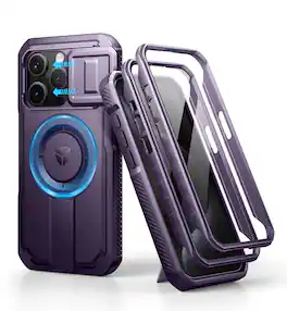 dexnor - iPhone 15 Pro Case with Slide Camera Cover & Adjustable Kickstand & Built-in Screen Protector - Phantom Purple