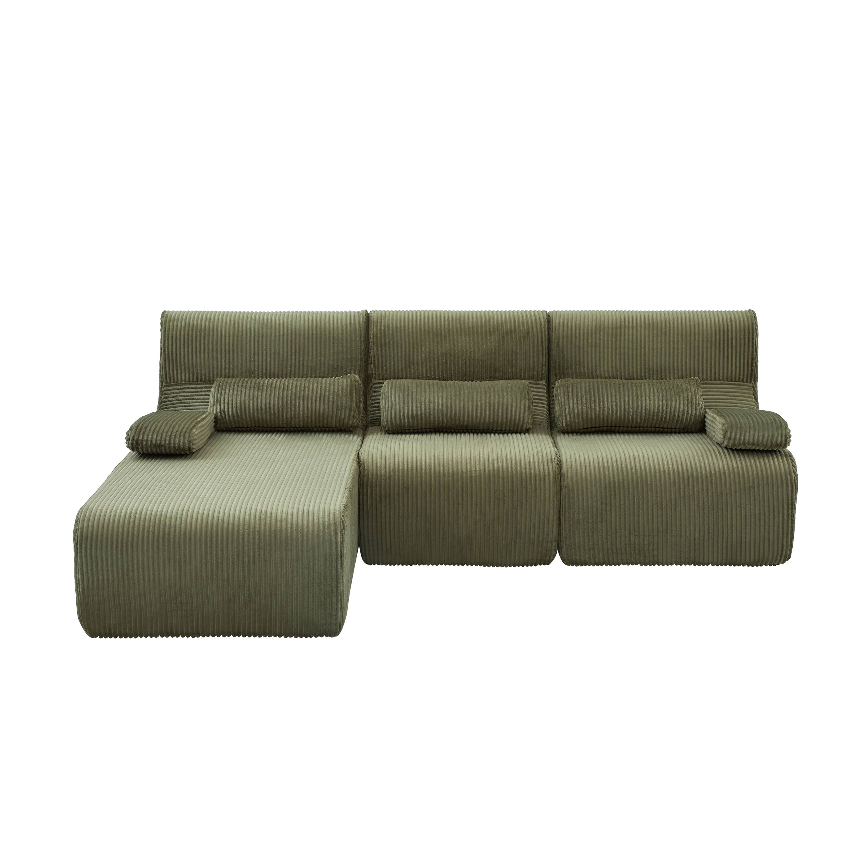 Back. Whisen - Modular L-Shaped Sectional Compressed Sofa with Soft Corduroy Upholstery, No Assembly Required - Green.