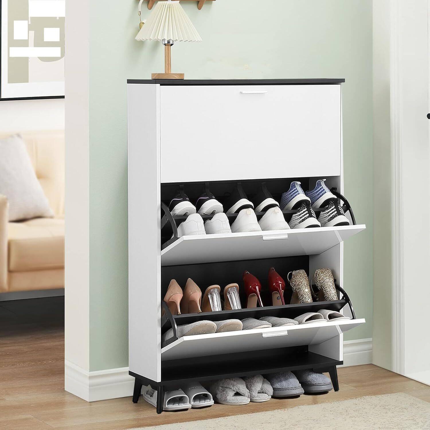 Front. Babevy - 47" Tall Wooden 3-Drawer Shoe Storage Organizer with Flip Drawers for Entryway, Hallway, or Closet - White.