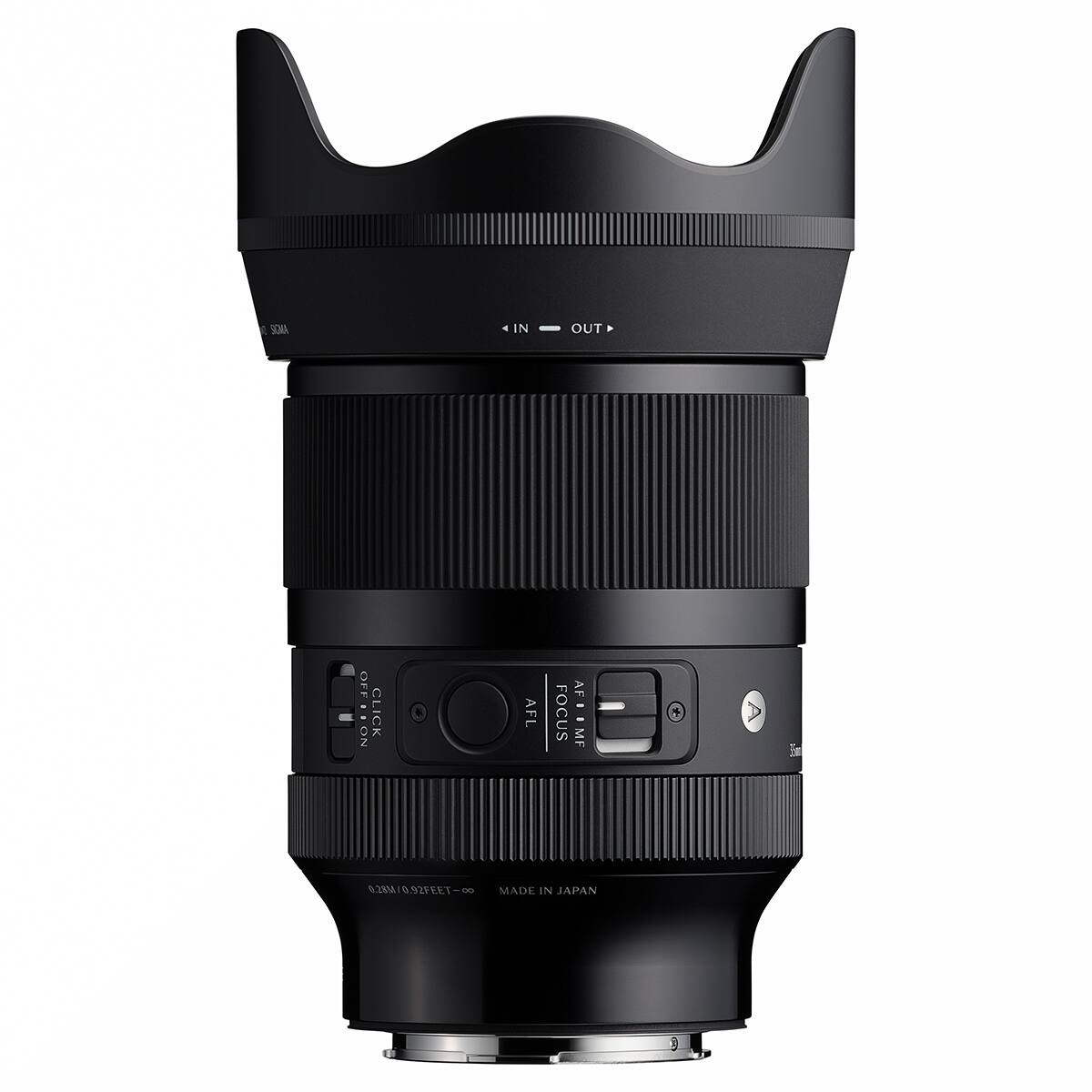 SONA  
IN  
OUT  
OFF & ON  
CLICK  
AFL  
FOCUS  
AF MF  
To  
0.28M/0.92FEET  
MADE IN JAPAN