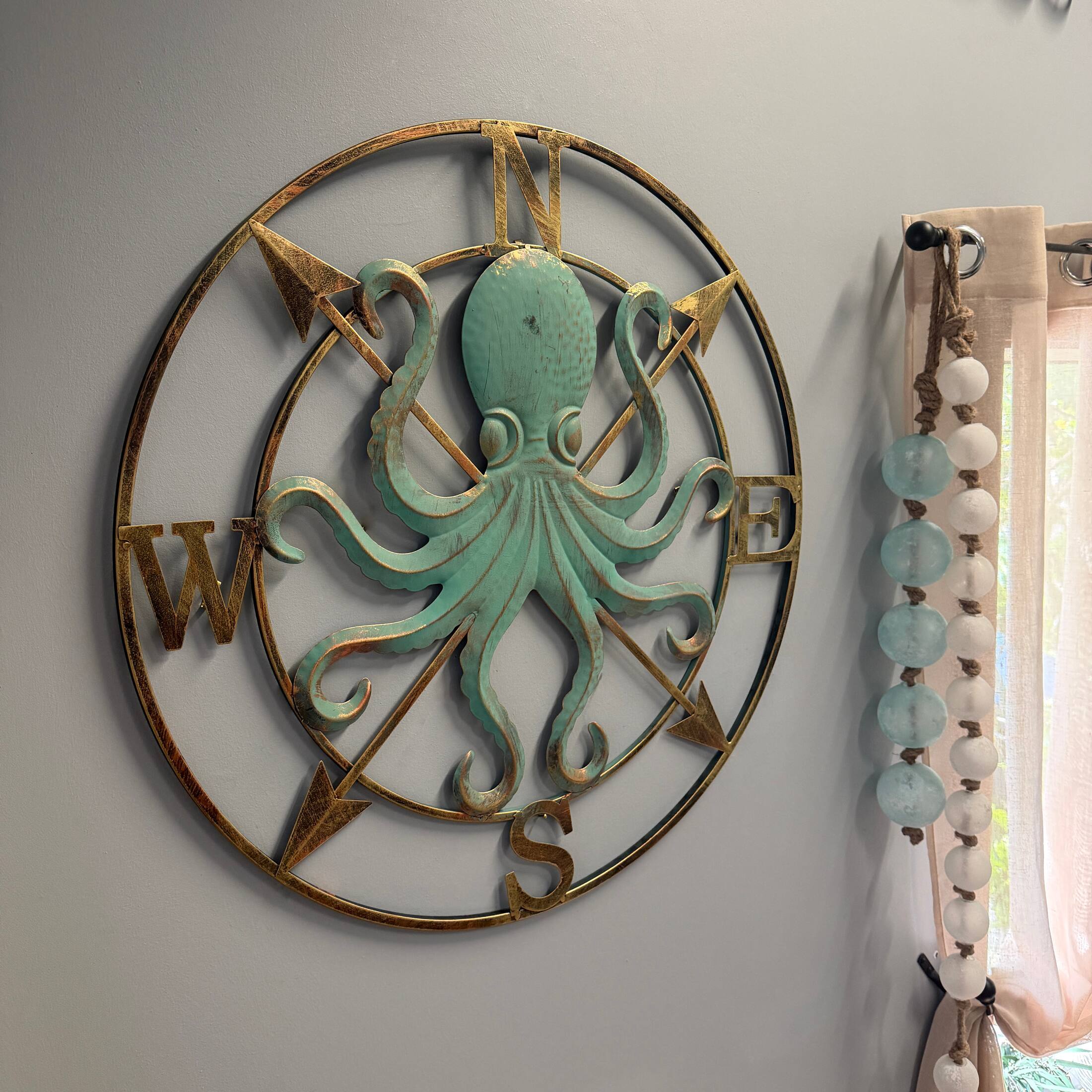 Alt View 6. Zeckos - 28 Inch Metal Octopus Compass Rose Wall Sculpture Aqua Bronze Nautical Decor - Aqua.