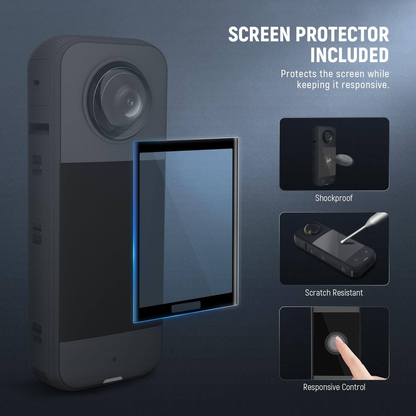 SCREEN PROTECTOR INCLUDED  
Protects the screen while keeping it responsive.  
Shockproof  
Scratch Resistant  
Responsive Control