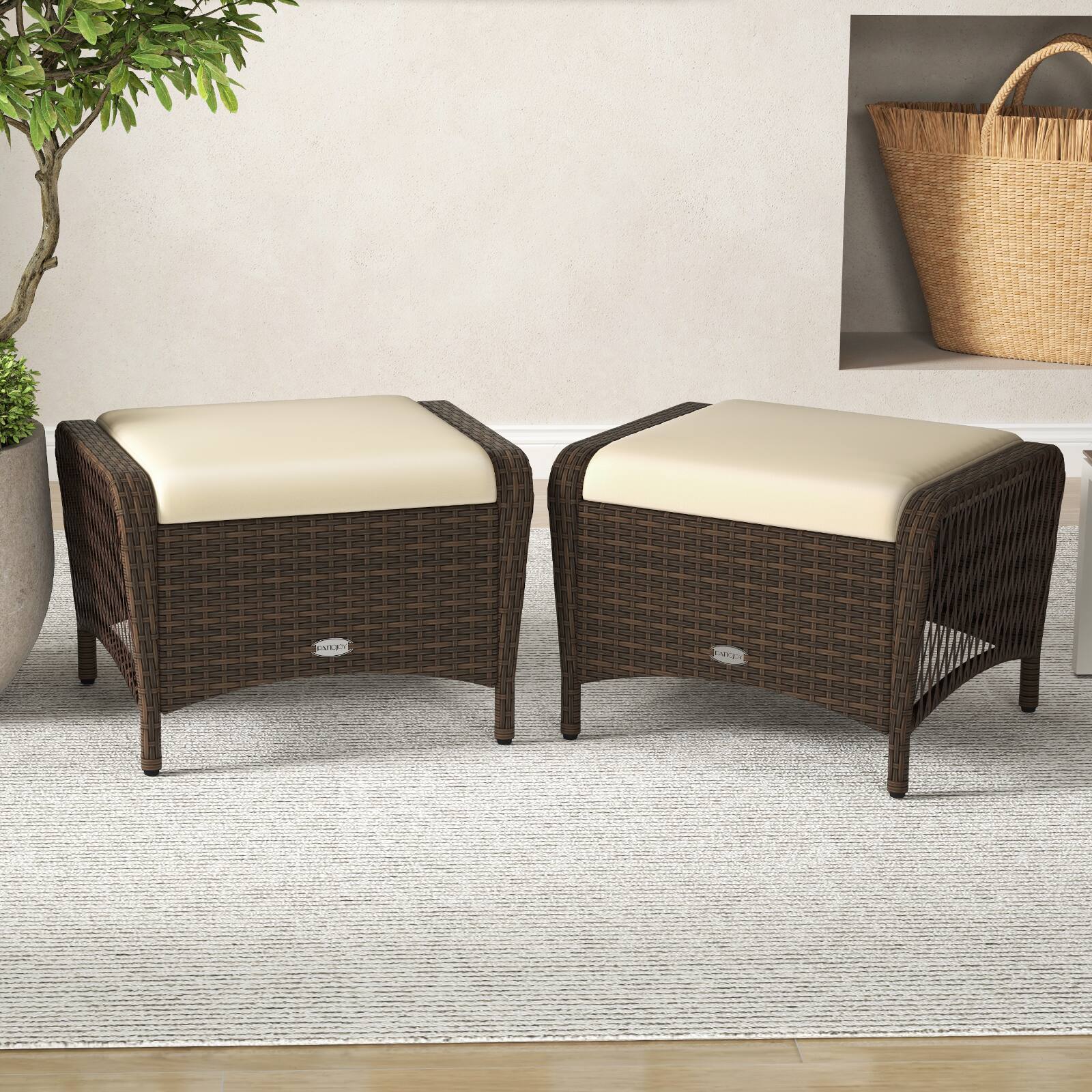 Alt View 1. Gymax - Gymax 2 Pieces Outdoor Patio PE Wicker Ottomans w/ Removable Cushions Footstools Beige - Beige.