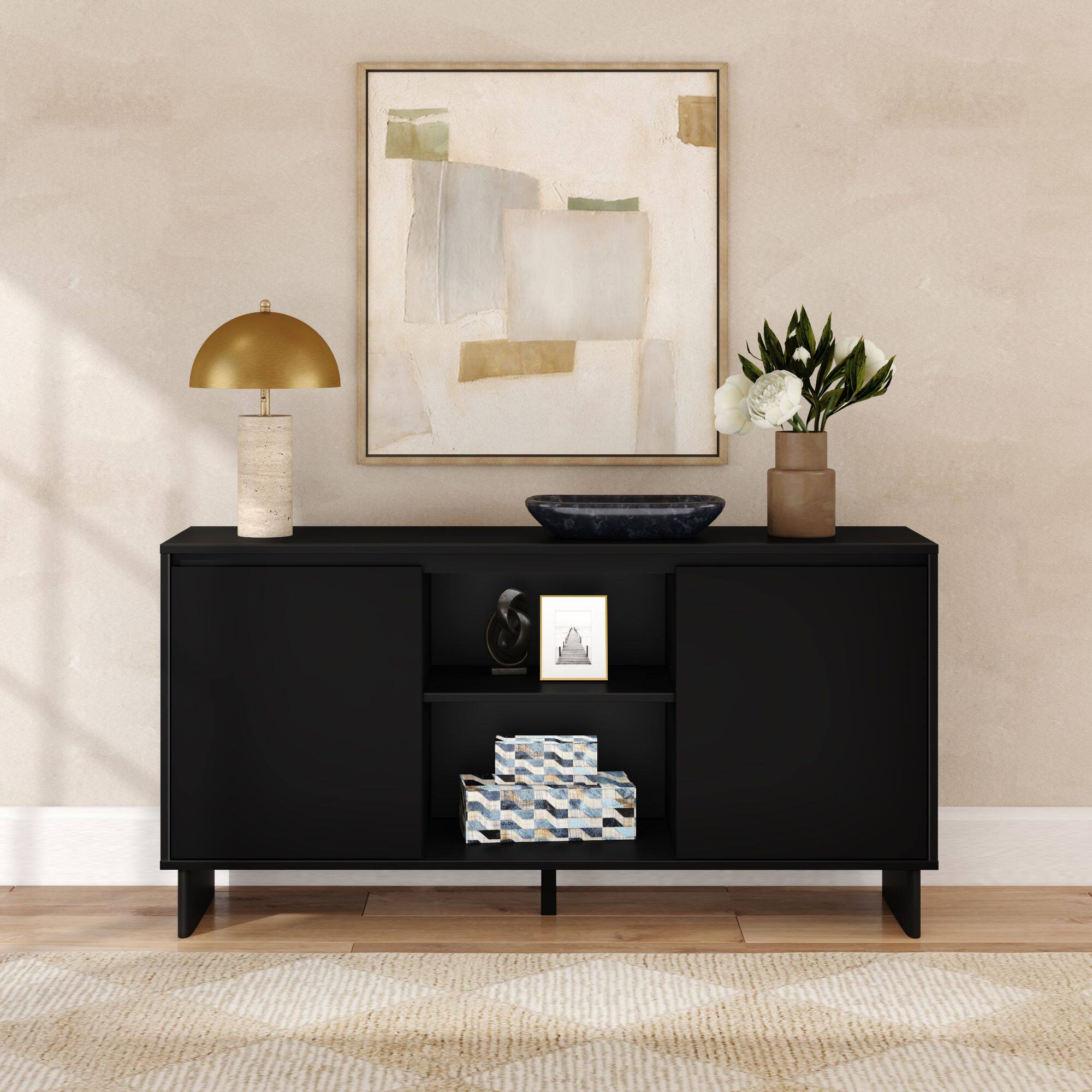 Alt View 8. Plank+Beam - Modern TV Stand/Sideboard, 2 Door w/ Middle Shelf  (1499 x 406 x 762mm / 59 x 16 x 30in), Black - Black.