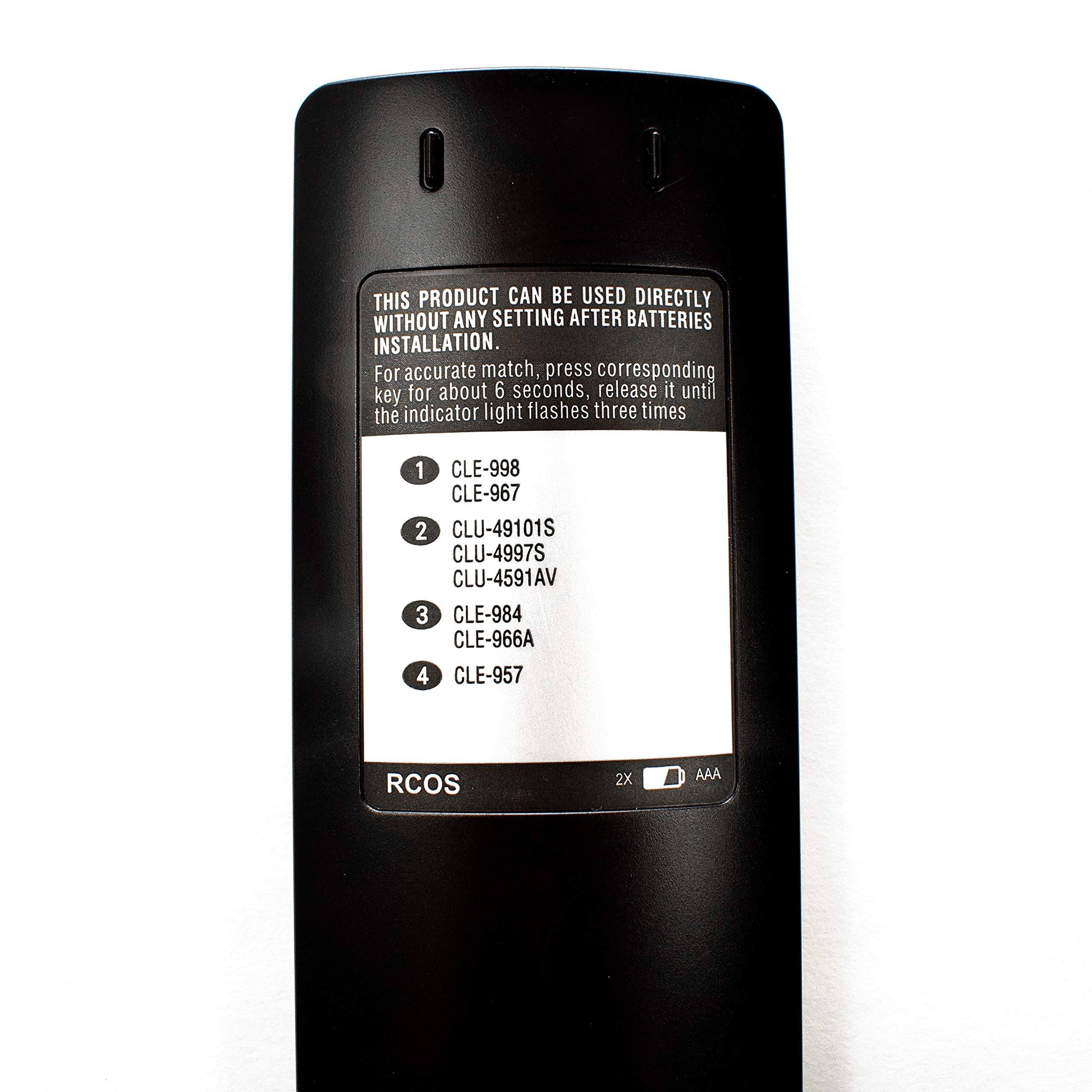THIS PRODUCT CAN BE USED DIRECTLY WITHOUT ANY SETTING AFTER BATTERIES INSTALLATION.

For accurate match, press corresponding key for about 6 seconds, release it until the indicator light flashes three times.

1. CLE-998  
   CLE-967

2. CLU-49101S  
   CLU-4997S  
   CLU-4591AV

3. CLE-984  
   CLE-966A

4. CLE-957

RCOS  
2X AAA