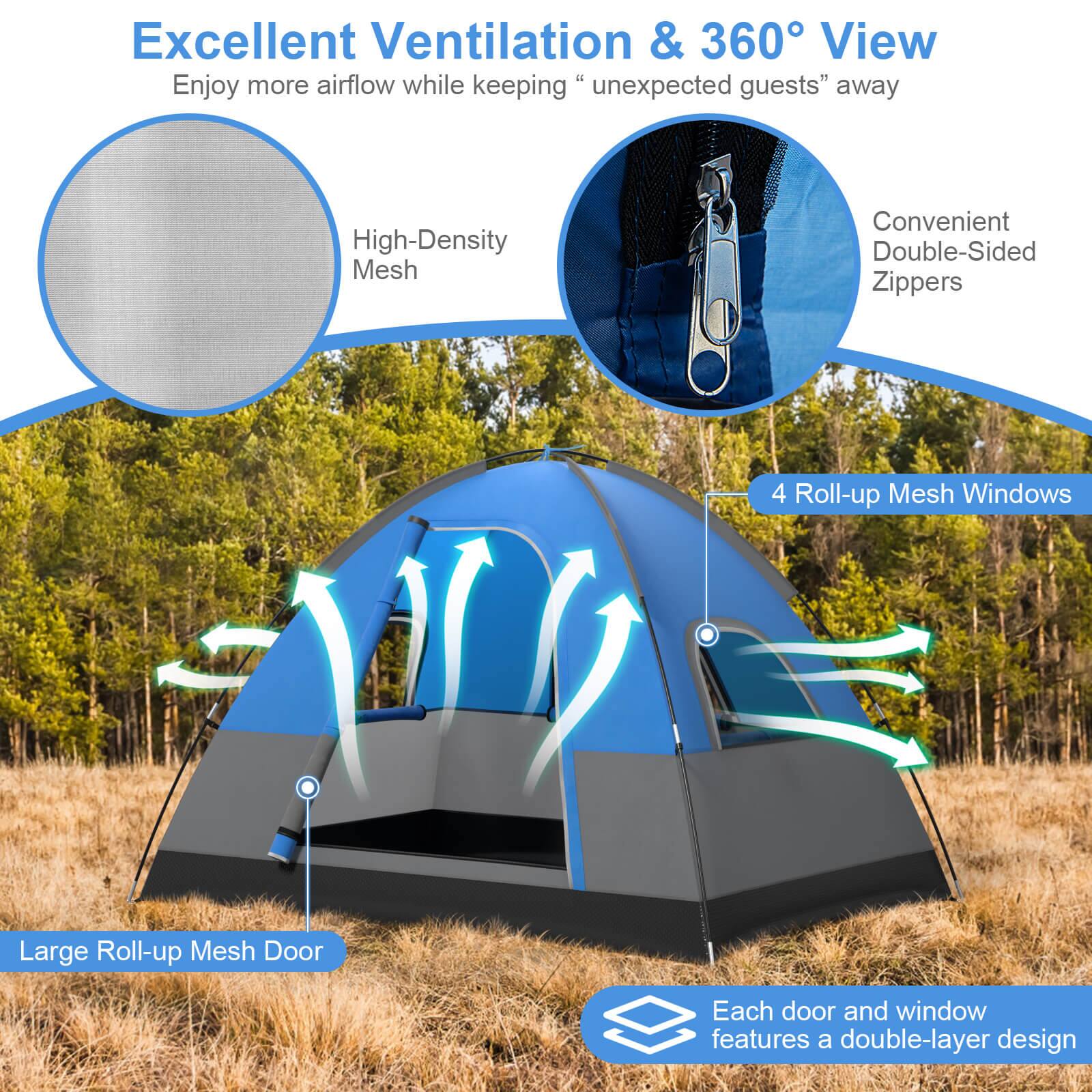 Excellent Ventilation & 360 View: Enjoy more airflow while keeping unexpected guests away. Convenient High-Density Double-Sided Mesh Zippers: 4 Roll-up Mesh Windows Large Roll-up Mesh Door Each door and window features a double-layer design.