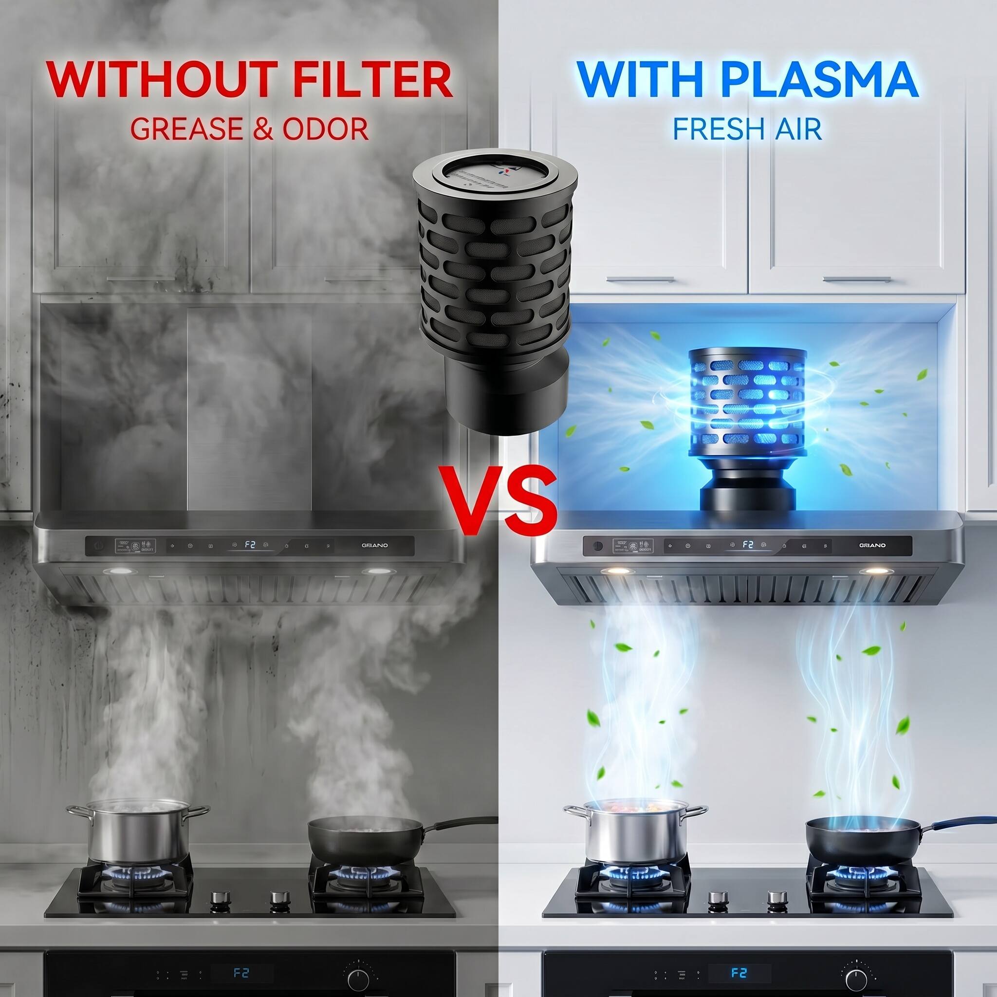 WITHOUT FILTER GREASE & ODOR WITH PLASMA FRESH AIR VS