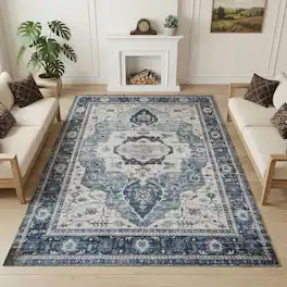 RYHNUYNE - 5x7 Area Rugs Living Room Rug, Washable Vintage Medallion Rug, Soft Carpet for Dining Room Bedroom Home Office - Blue