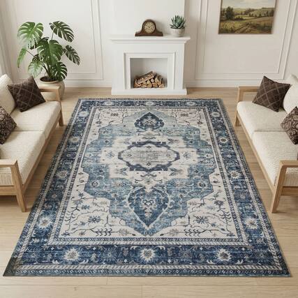 Front. RYHNUYNE - 5x7 Area Rugs Living Room Rug, Washable Vintage Medallion Rug, Soft Carpet for Dining Room Bedroom Home Office(Blue) - Blue.
