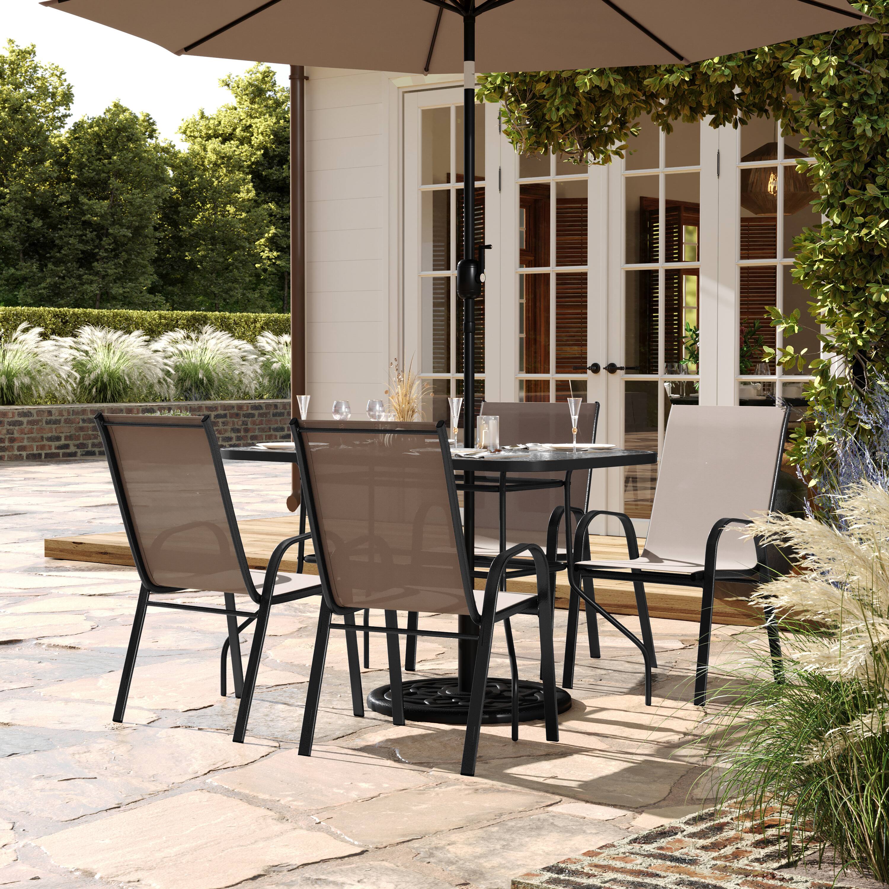 Alt View 1. Flash Furniture - Brazos 5 Piece Commercial Grade Patio Dining Set with Tempered Glass Patio Table with 4 Chairs with Brown Flex Comfort M - Brown.