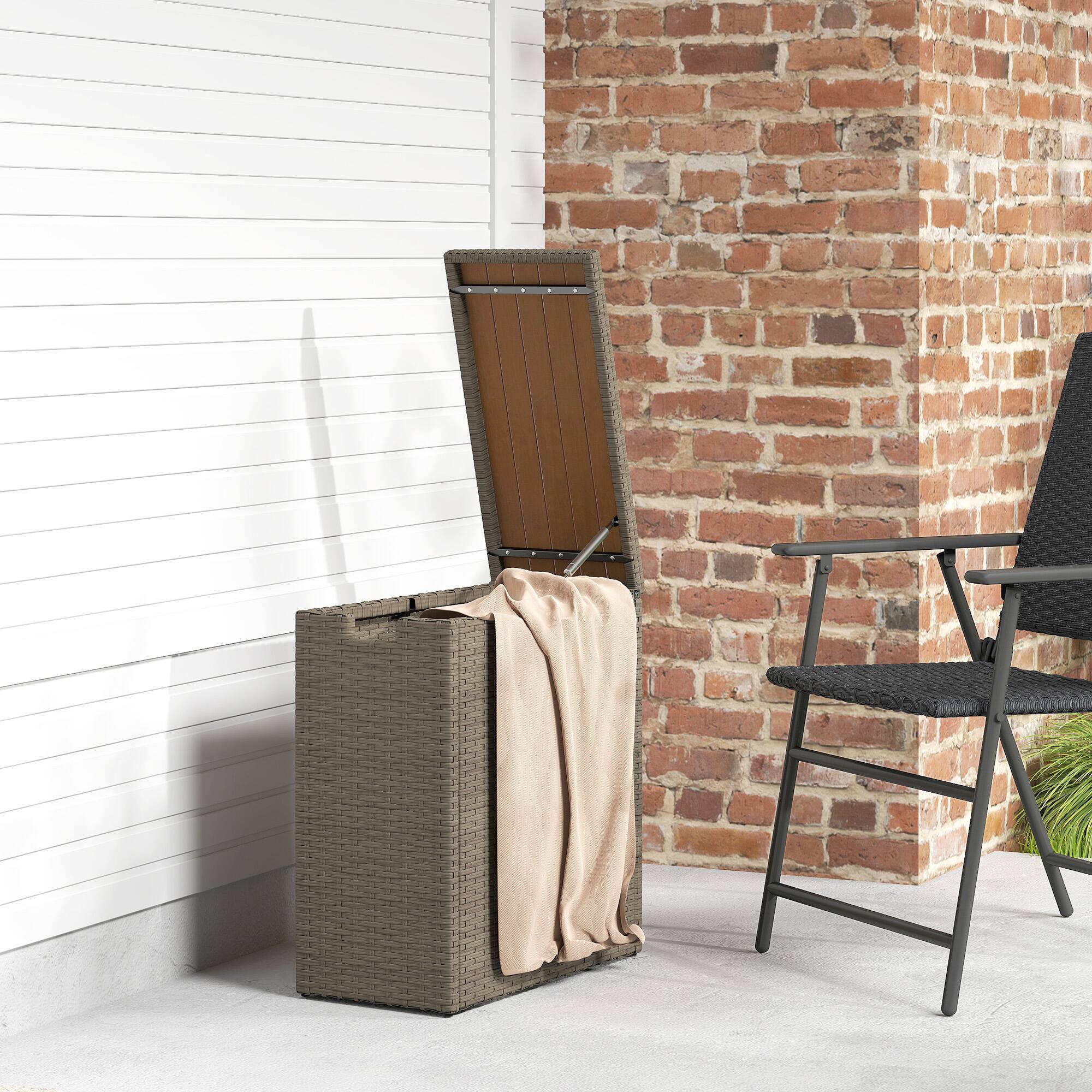 Alt View 8. Outsunny - 17 Gallon Wicker Small Deck Box, PE Rattan Outdoor Storage Box with Slatted Acacia Wood Flip Top for Indoor - Teak.