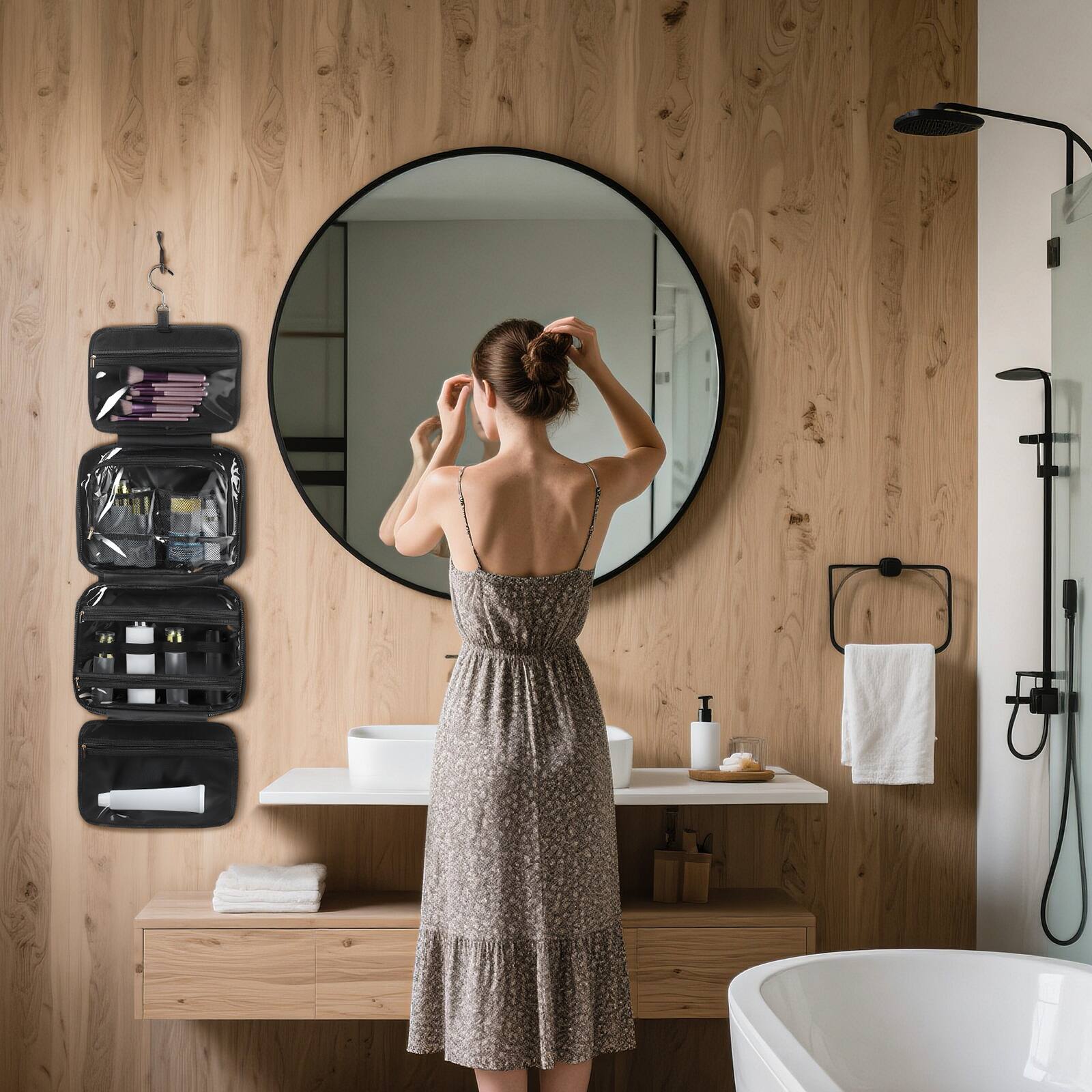 Alt View 4. Unique Bargains - Travel Hanging Toiletry Bag for Women, Puffy Makeup Bag with Jewelry Organizer, Waterproof Compartment - Black.