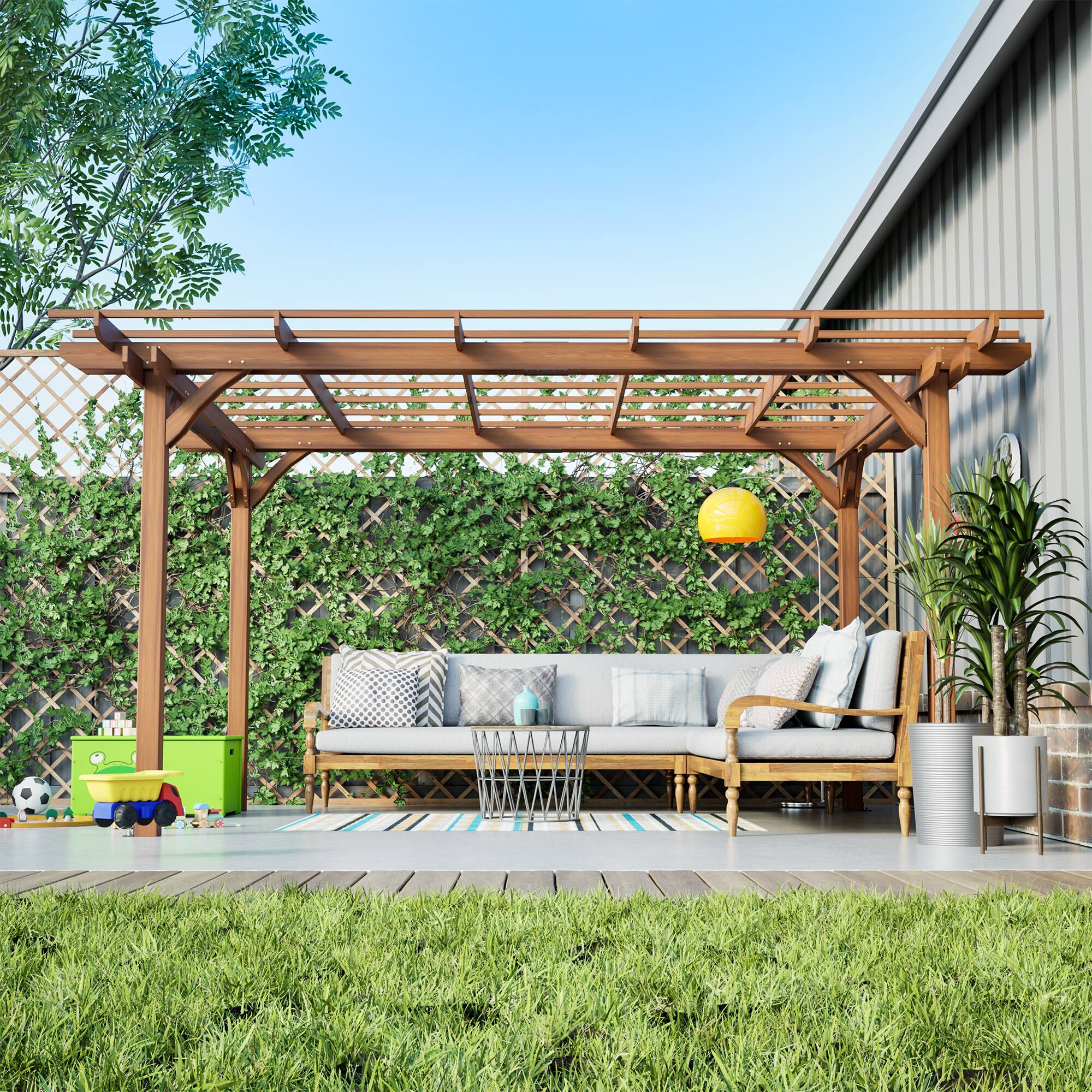 Back. Mondawe - 12 x 10 FT Outdoor Wooden Grape Pergola - Brown.