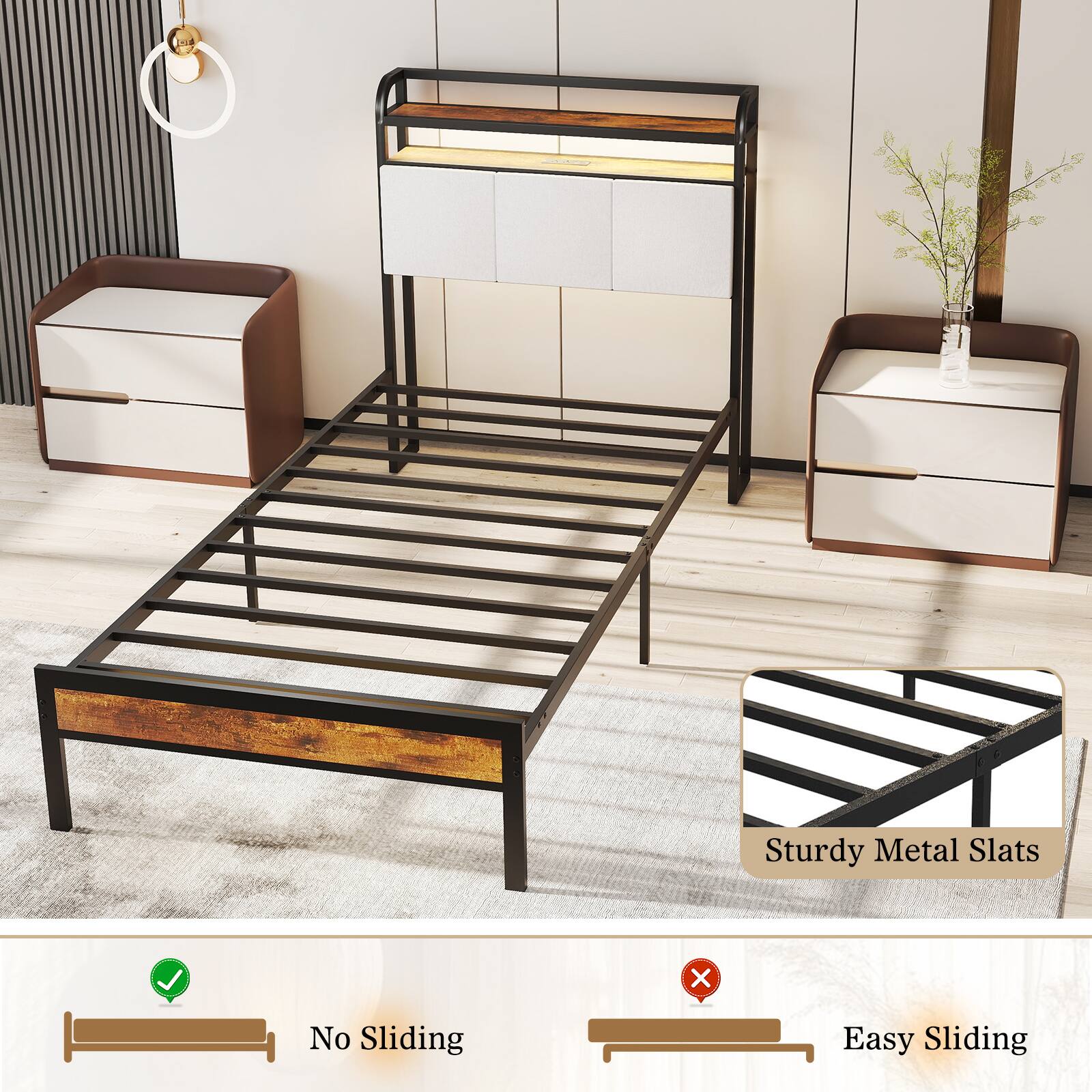 Sturdy Metal Slats  
No Sliding  
Easy Sliding